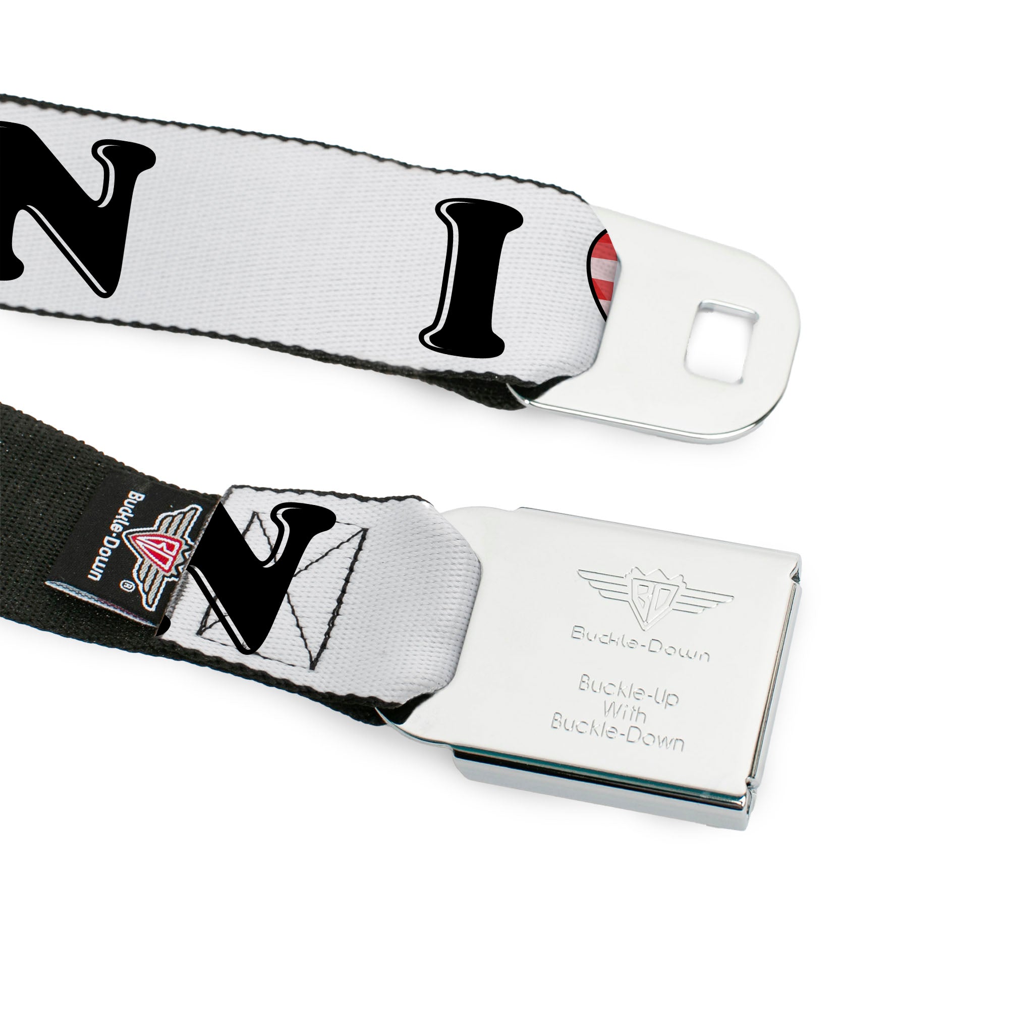 BD Wings Logo CLOSE-UP Full Color Black Silver Seatbelt Belt - I "Heart" BACON White/Black/Bacon Webbing Seatbelt Belts Buckle-Down