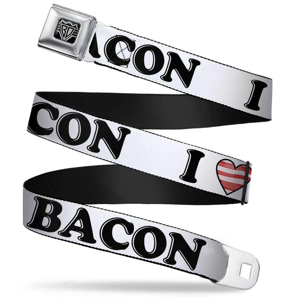 BD Wings Logo CLOSE-UP Full Color Black Silver Seatbelt Belt - I "Heart" BACON White/Black/Bacon Webbing Seatbelt Belts Buckle-Down