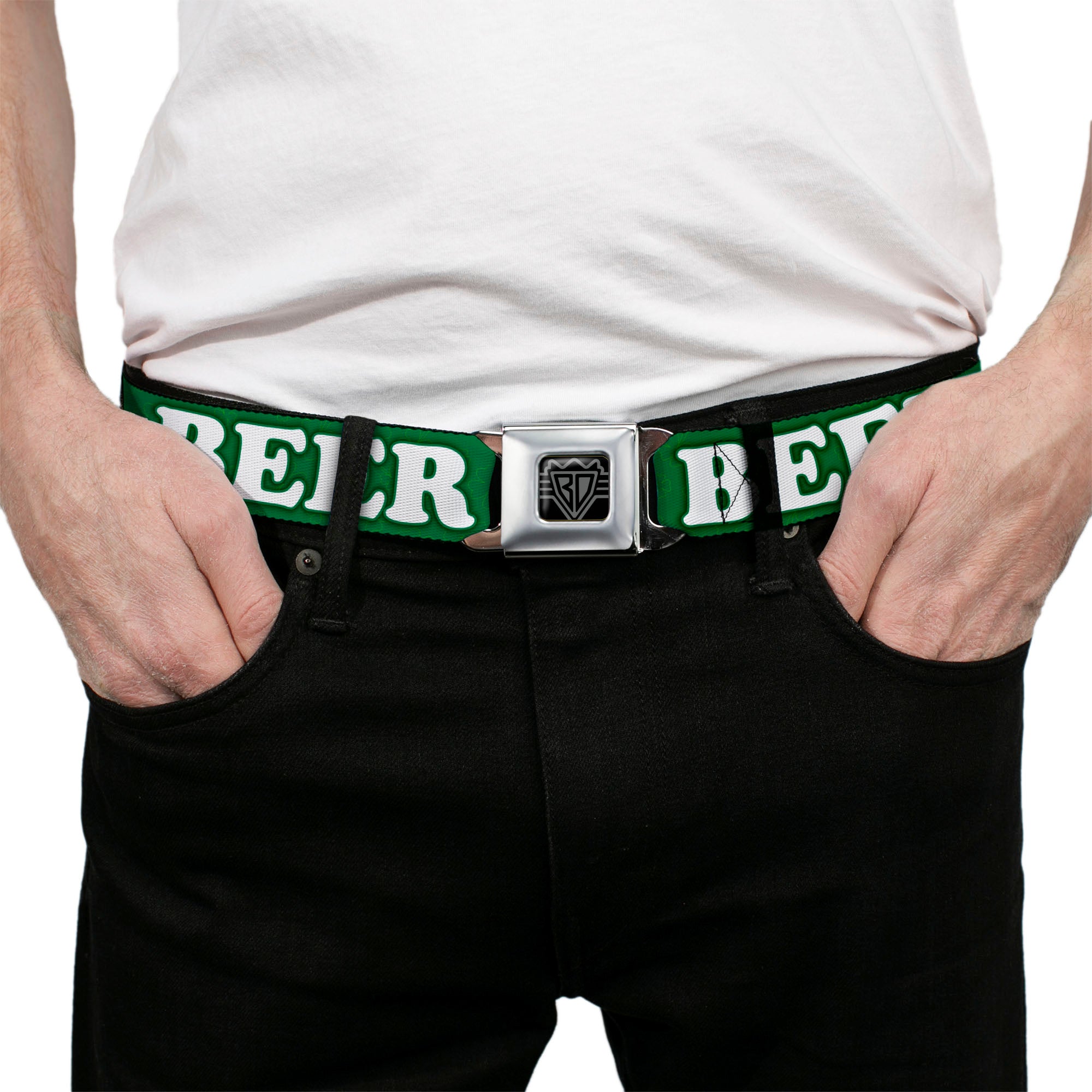 Seatbelt Belt - I "Clover" BEER/Clover Outlines Greens/White Seatbelt Belts Buckle-Down