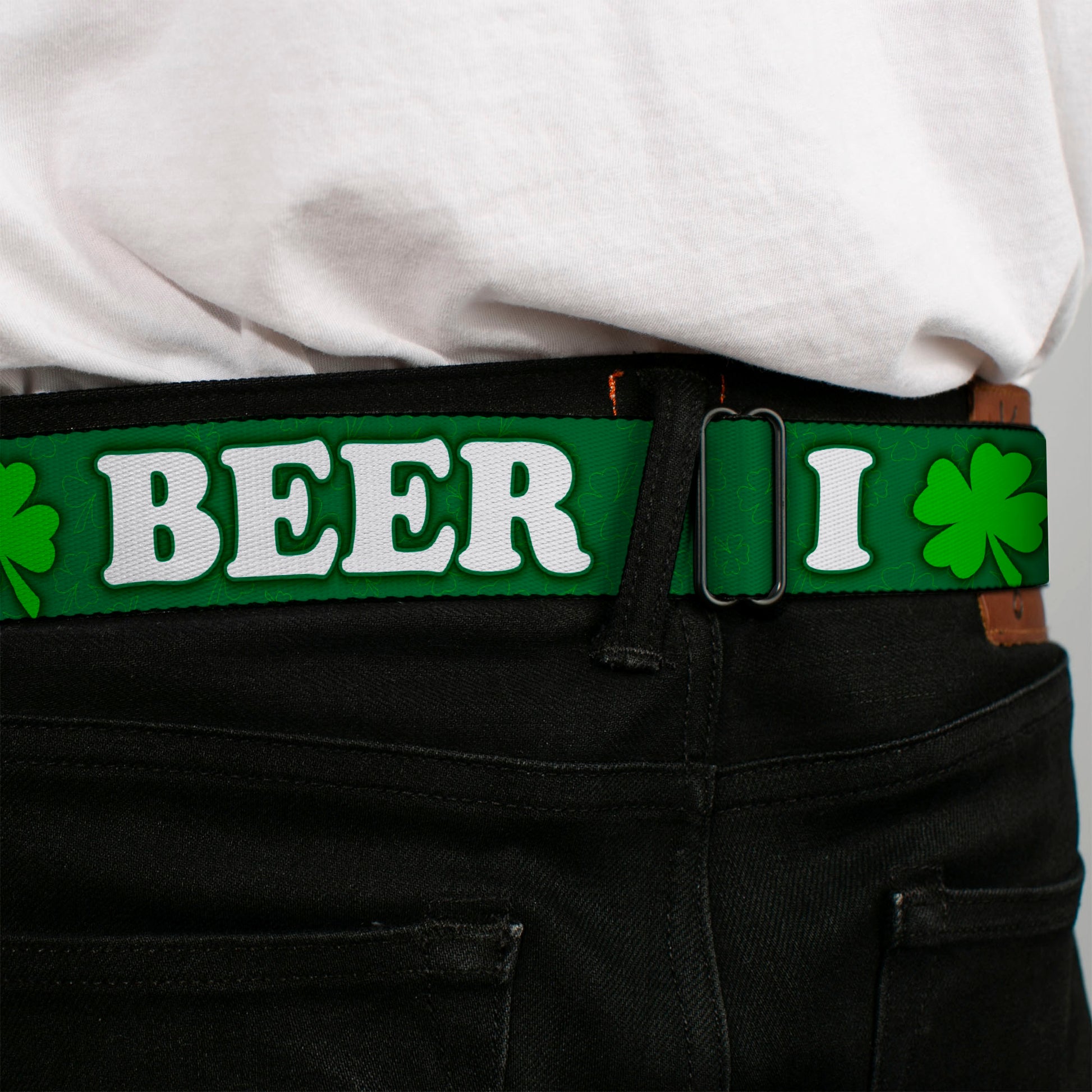 Seatbelt Belt - I "Clover" BEER/Clover Outlines Greens/White Seatbelt Belts Buckle-Down