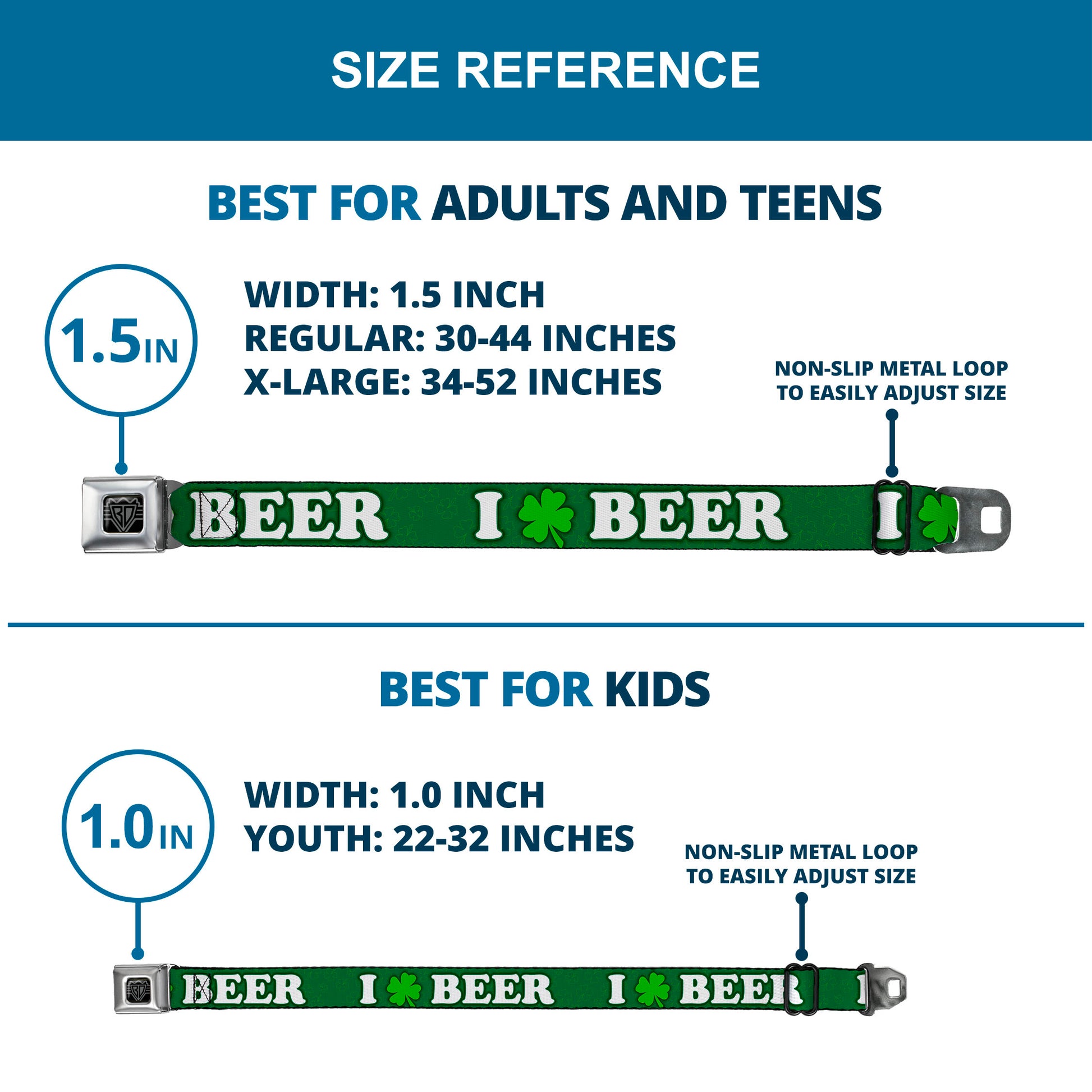 Seatbelt Belt - I "Clover" BEER/Clover Outlines Greens/White Seatbelt Belts Buckle-Down