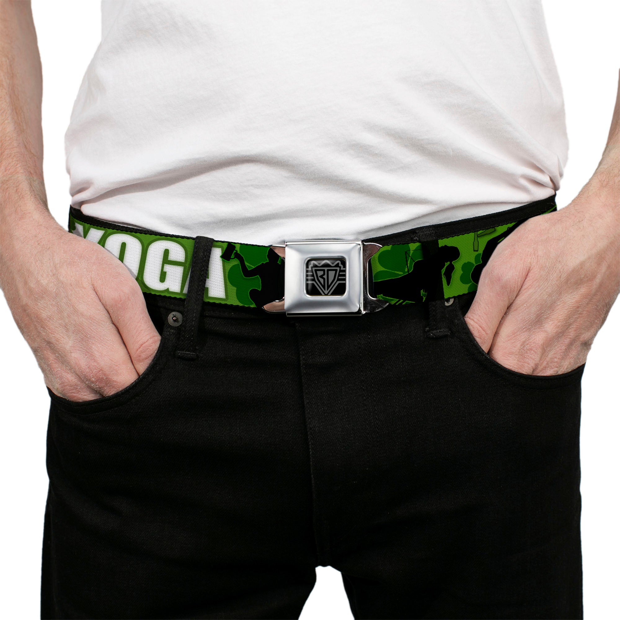 Seatbelt Belt - IRISH YOGA Poses/Clovers Greens/Black/White Seatbelt Belts Buckle-Down