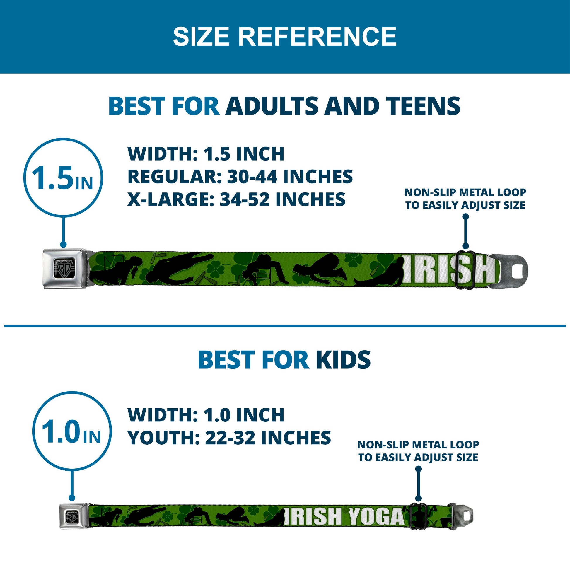 Seatbelt Belt - IRISH YOGA Poses/Clovers Greens/Black/White Seatbelt Belts Buckle-Down