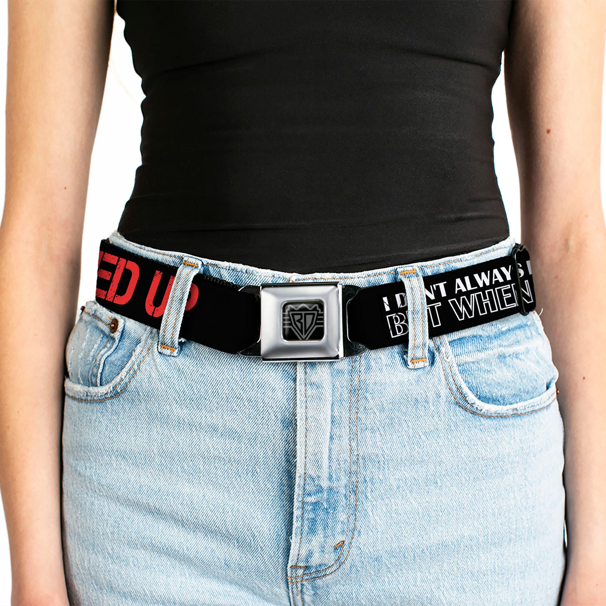 BD Wings Logo CLOSE-UP Full Color Black Silver Seatbelt Belt - I DON'T ALWAYS DRINK BUT WHEN I DO I GET FUCKED UP Black/White/Red Webbing Seatbelt Belts Buckle-Down