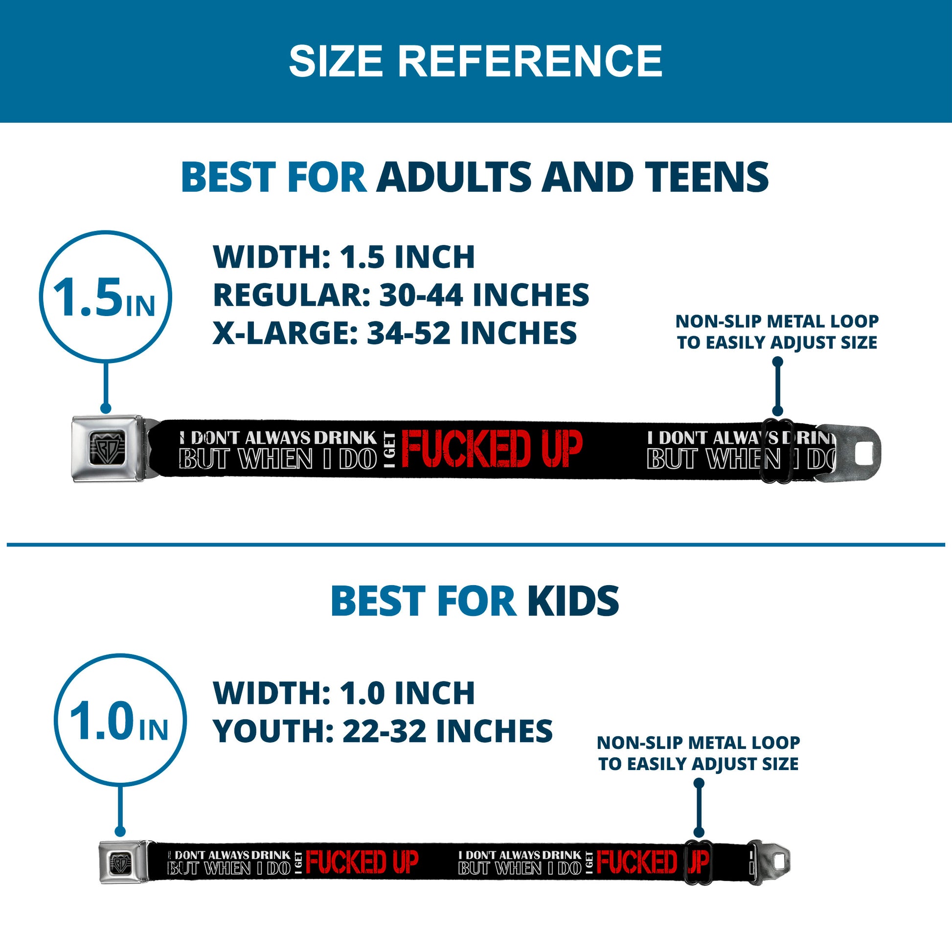 BD Wings Logo CLOSE-UP Full Color Black Silver Seatbelt Belt - I DON'T ALWAYS DRINK BUT WHEN I DO I GET FUCKED UP Black/White/Red Webbing Seatbelt Belts Buckle-Down