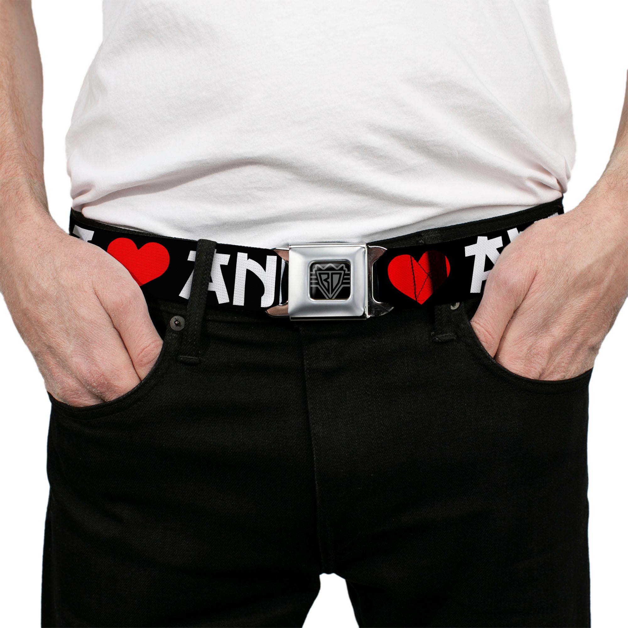 BD Wings Logo CLOSE-UP Full Color Black Silver Seatbelt Belt - I "Heart" ANIME Bold Black/White/Red Webbing Seatbelt Belts Buckle-Down