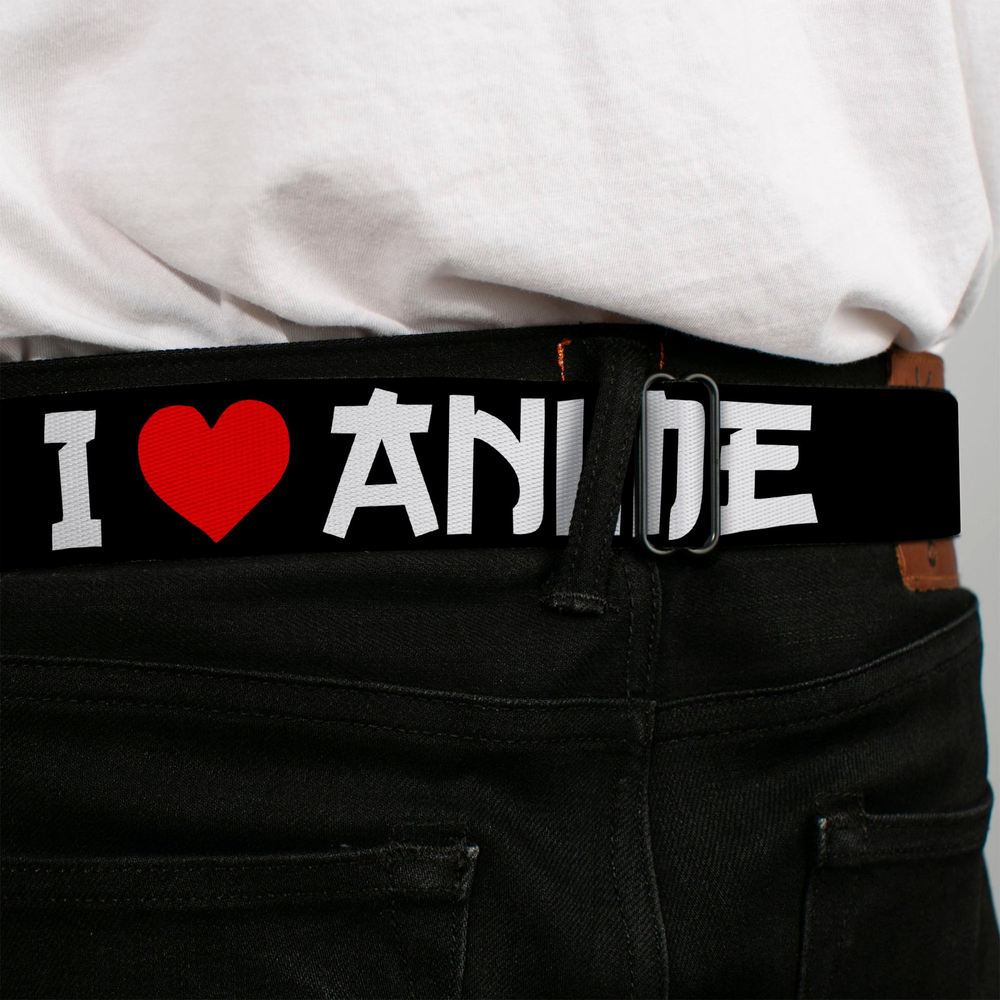BD Wings Logo CLOSE-UP Full Color Black Silver Seatbelt Belt - I "Heart" ANIME Bold Black/White/Red Webbing Seatbelt Belts Buckle-Down