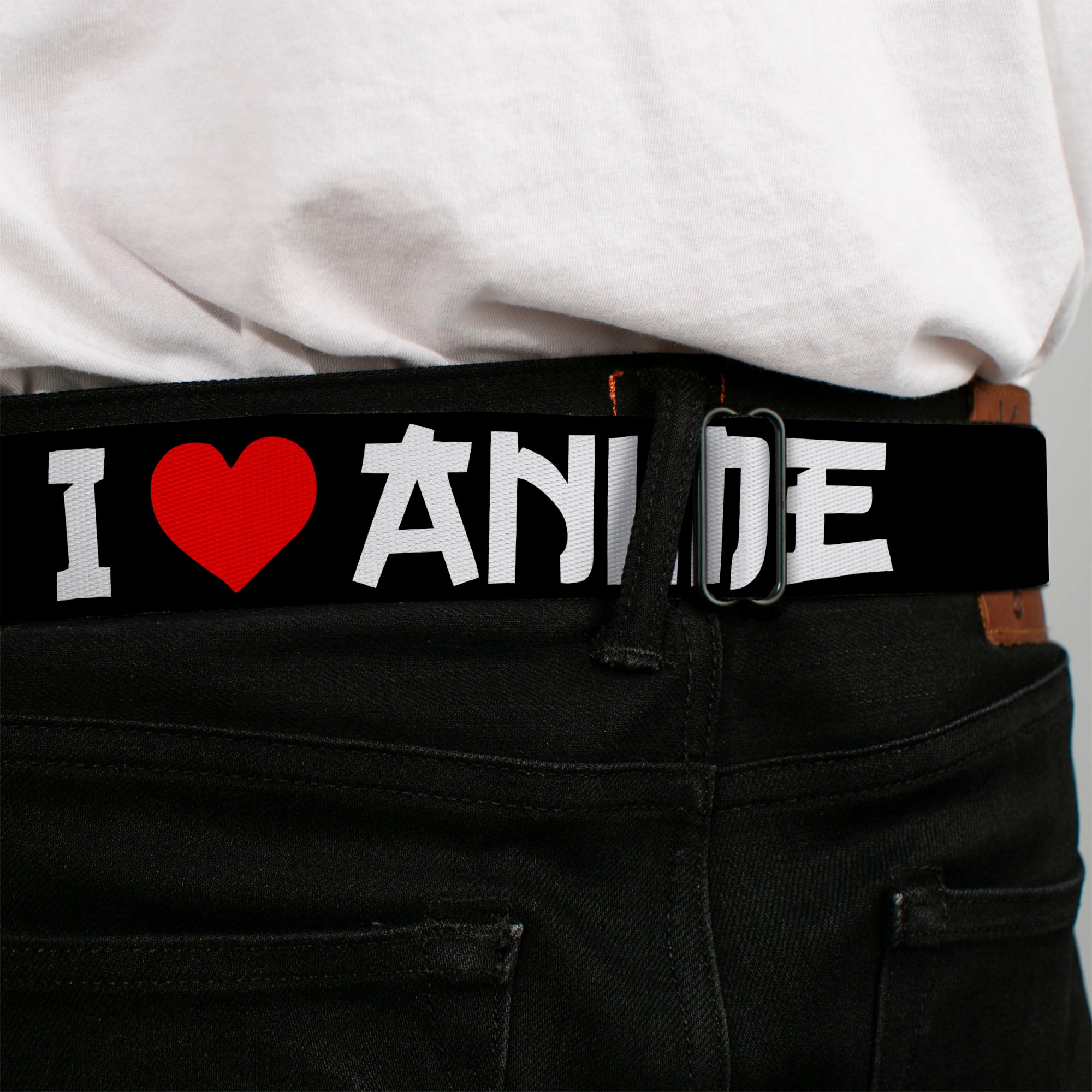 BD Wings Logo CLOSE-UP Full Color Black Silver Seatbelt Belt - I "Heart" ANIME Bold Black/White/Red Webbing Seatbelt Belts Buckle-Down
