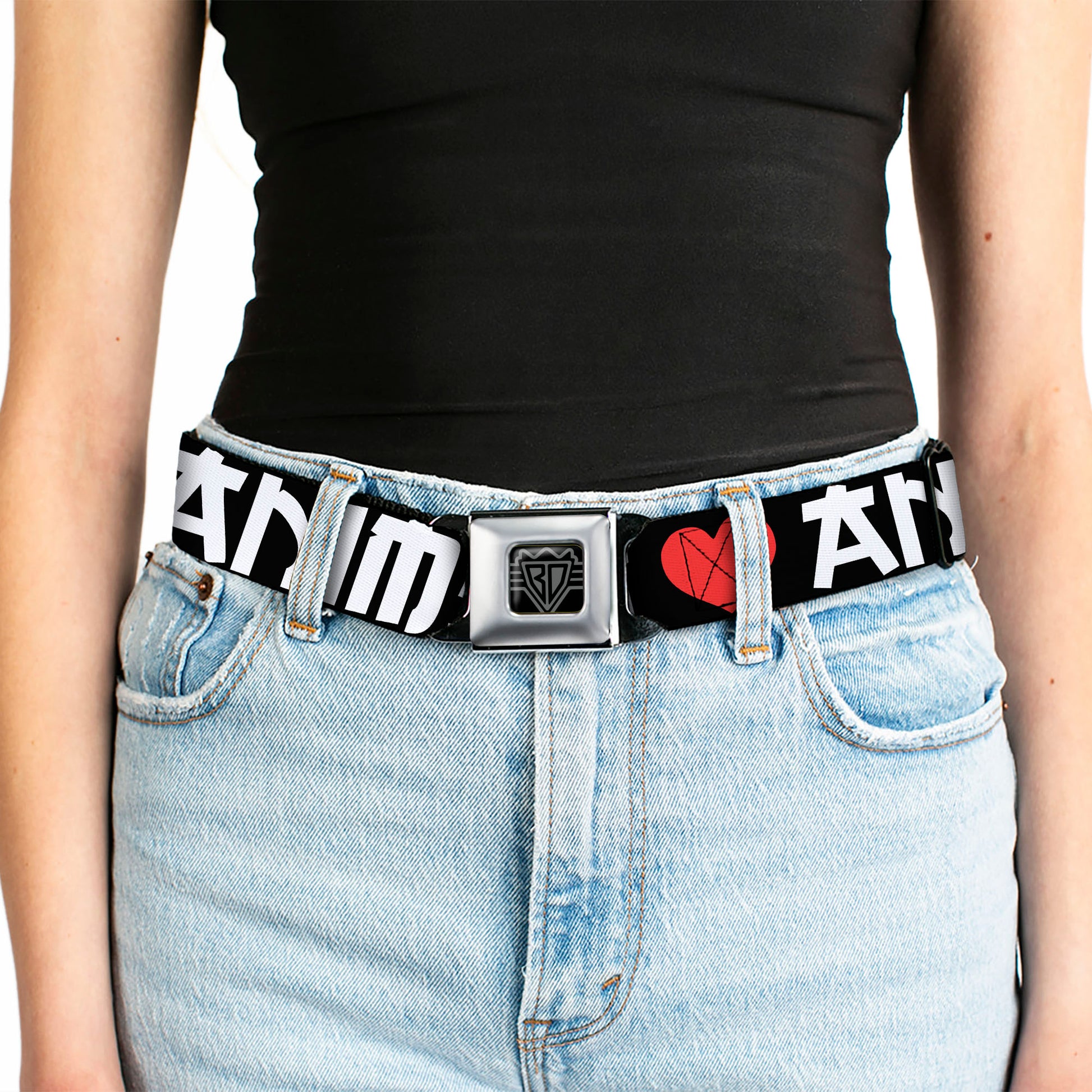 BD Wings Logo CLOSE-UP Full Color Black Silver Seatbelt Belt - I "Heart" ANIME Bold Black/White/Red Webbing Seatbelt Belts Buckle-Down