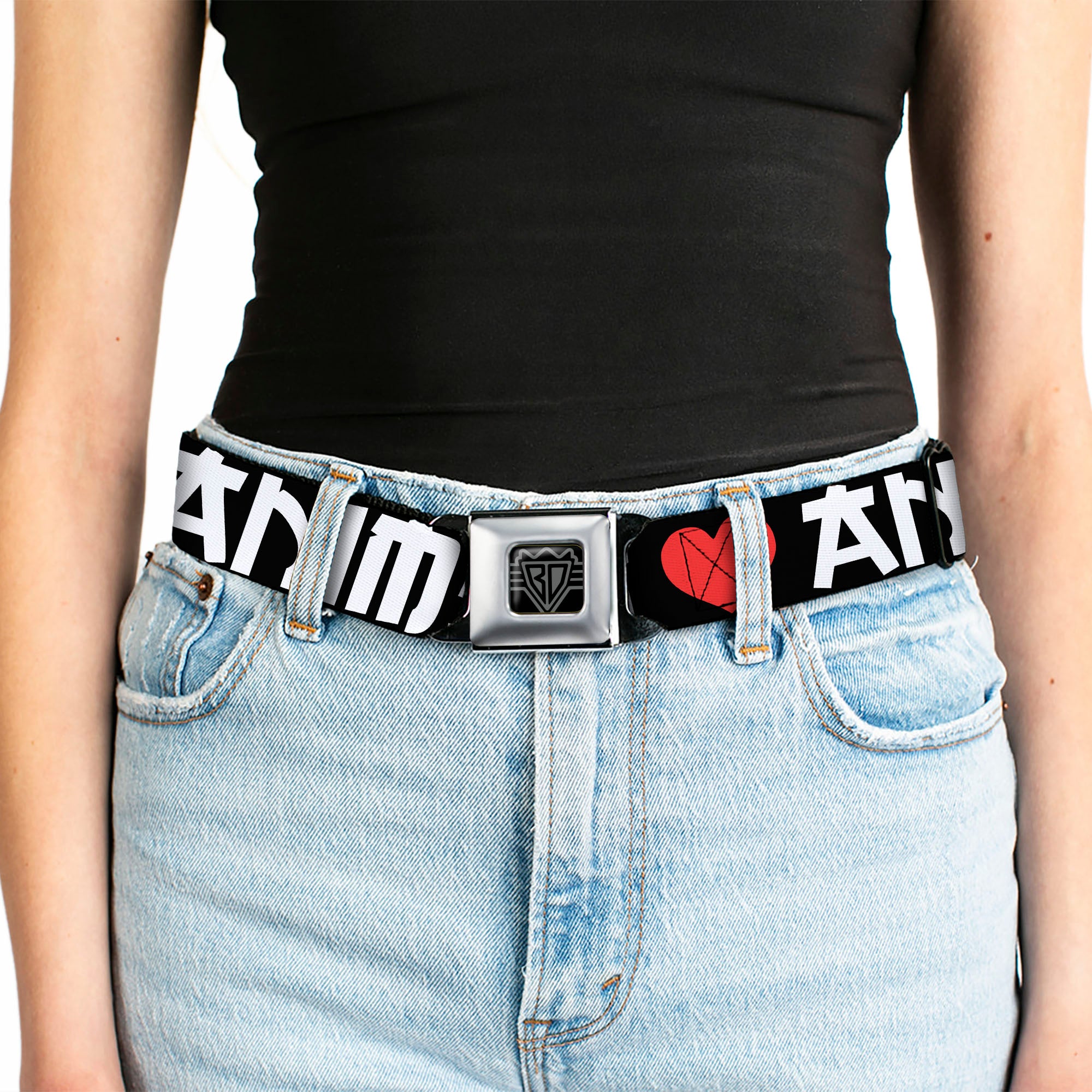 BD Wings Logo CLOSE-UP Full Color Black Silver Seatbelt Belt - I "Heart" ANIME Bold Black/White/Red Webbing Seatbelt Belts Buckle-Down