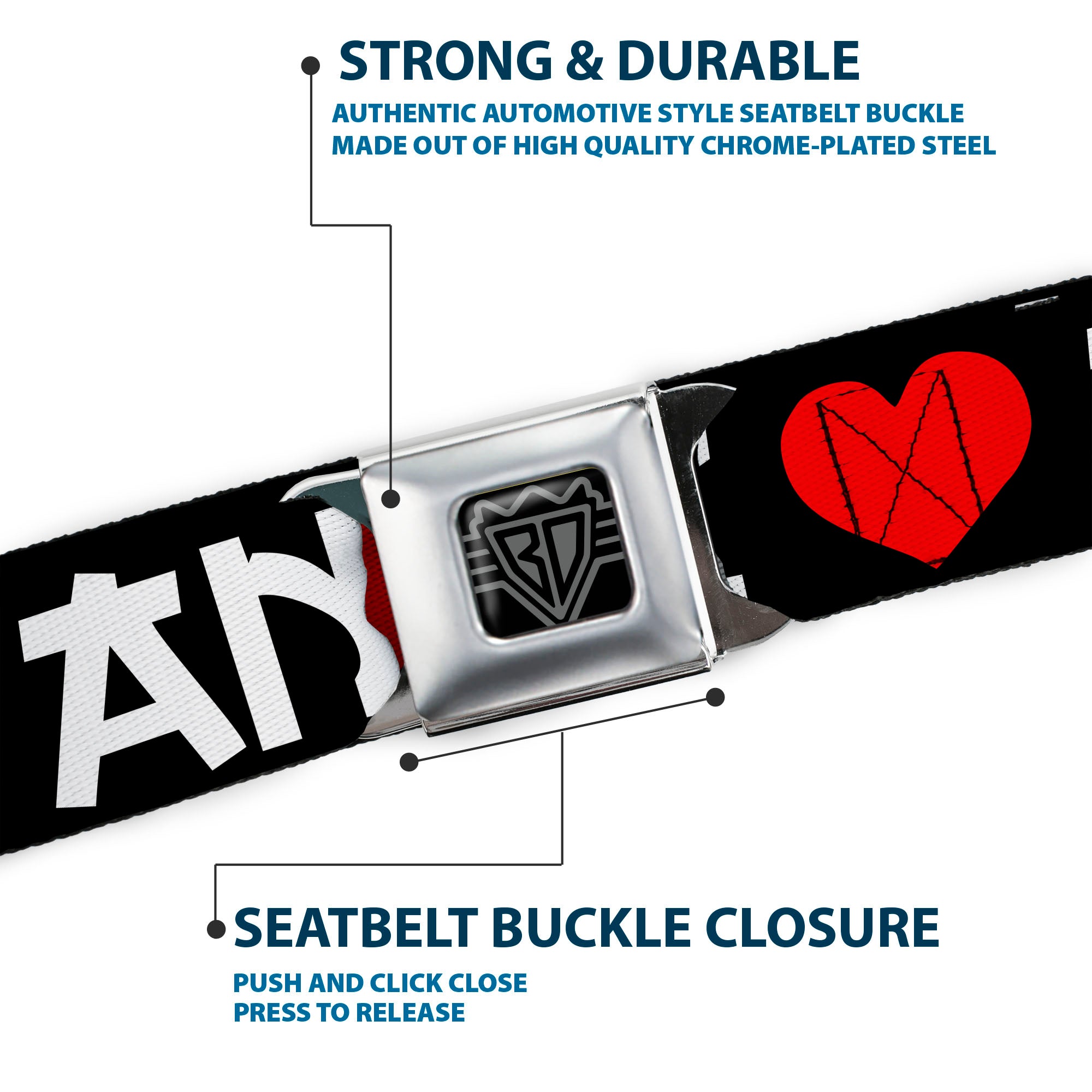 BD Wings Logo CLOSE-UP Full Color Black Silver Seatbelt Belt - I "Heart" ANIME Bold Black/White/Red Webbing Seatbelt Belts Buckle-Down