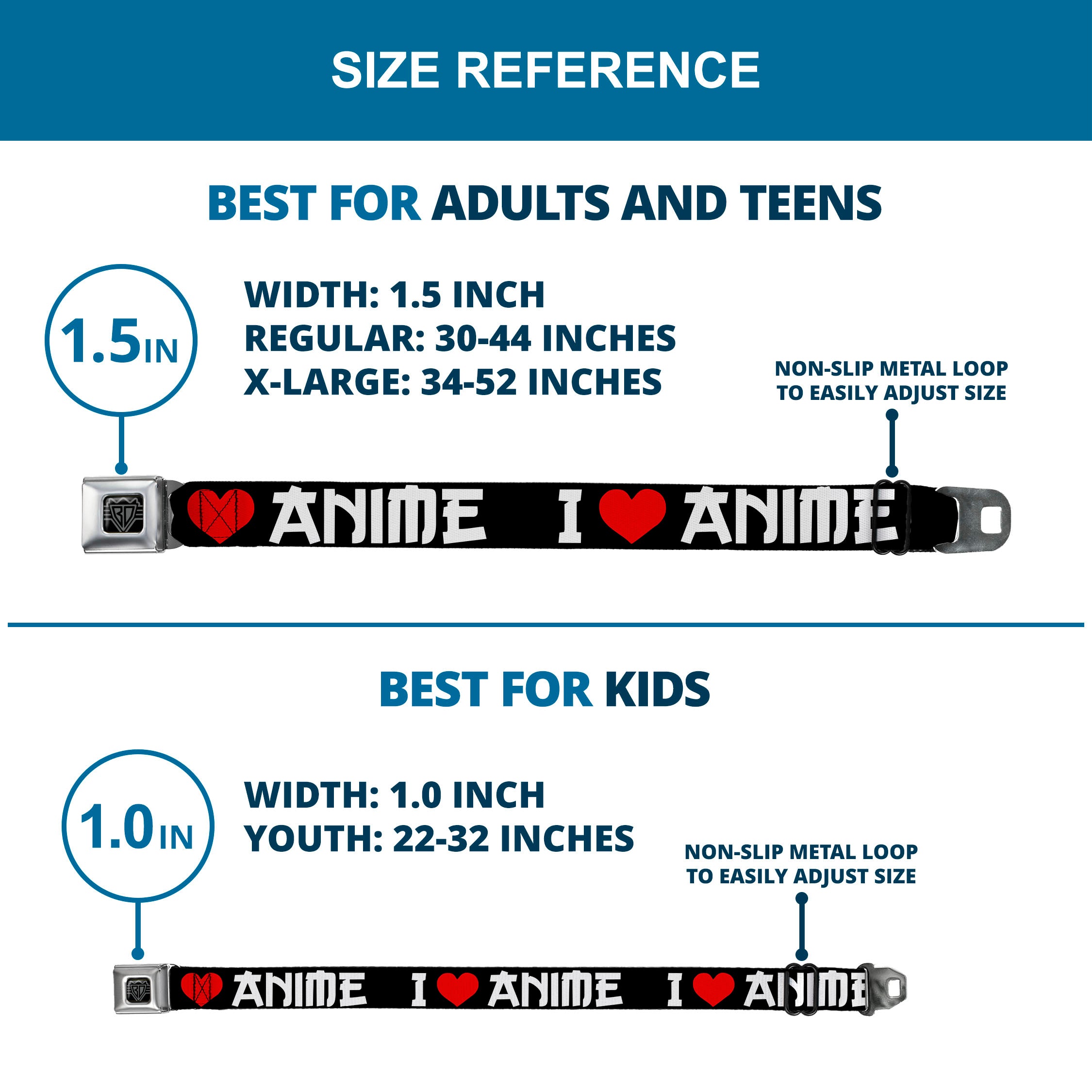 BD Wings Logo CLOSE-UP Full Color Black Silver Seatbelt Belt - I "Heart" ANIME Bold Black/White/Red Webbing Seatbelt Belts Buckle-Down