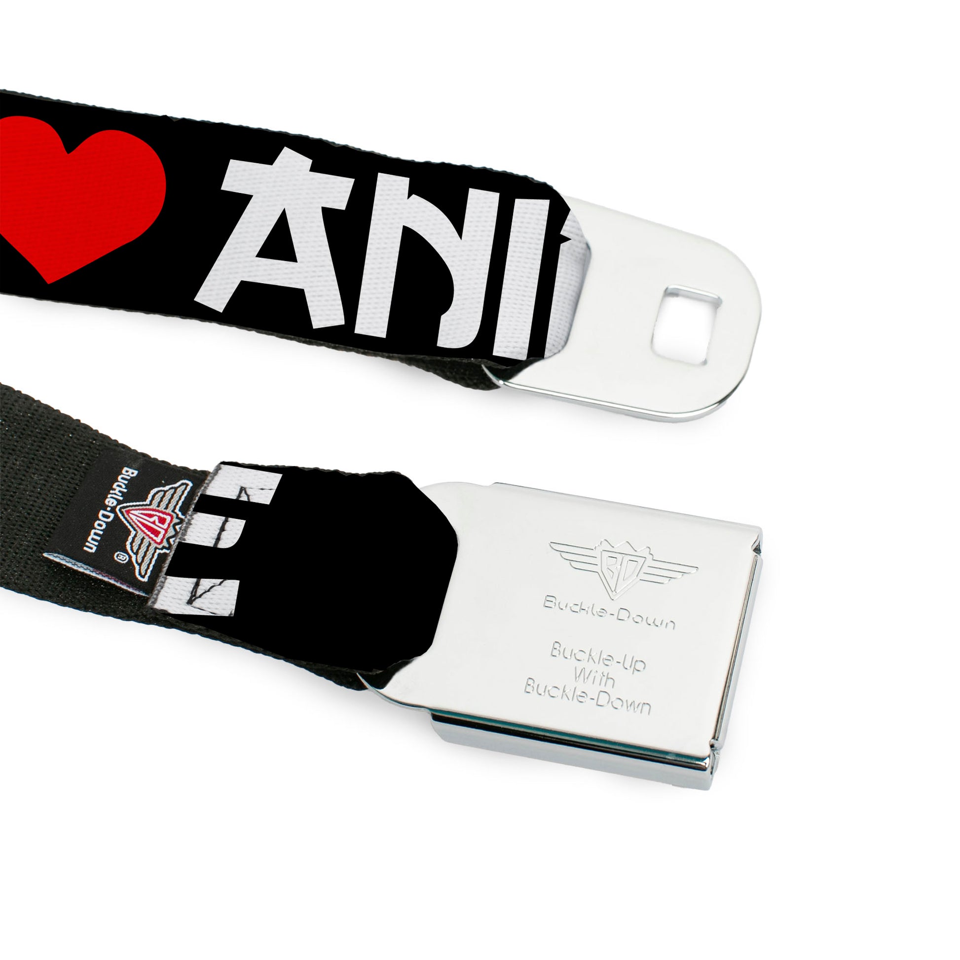 BD Wings Logo CLOSE-UP Full Color Black Silver Seatbelt Belt - I "Heart" ANIME Bold Black/White/Red Webbing Seatbelt Belts Buckle-Down