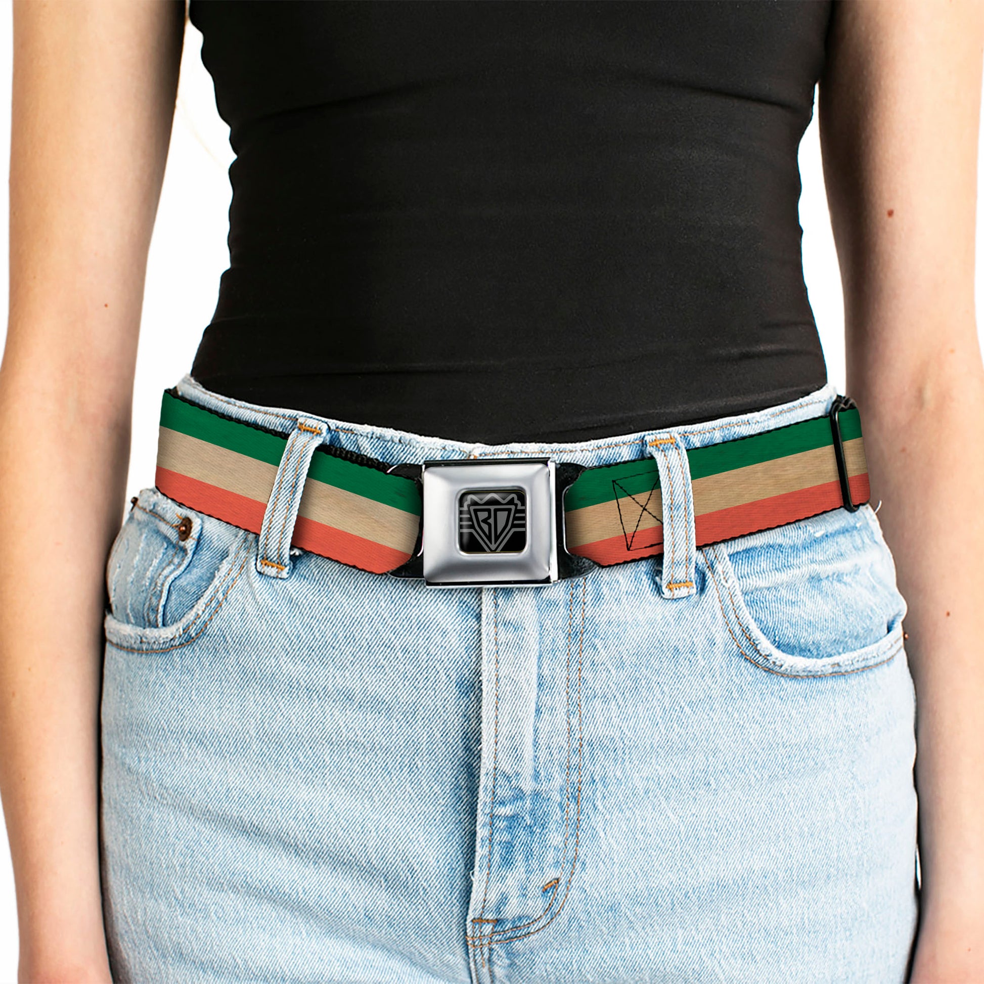 BD Wings Logo CLOSE-UP Full Color Black Silver Seatbelt Belt - Ireland Flag Stripes Distressed Webbing Seatbelt Belts Buckle-Down