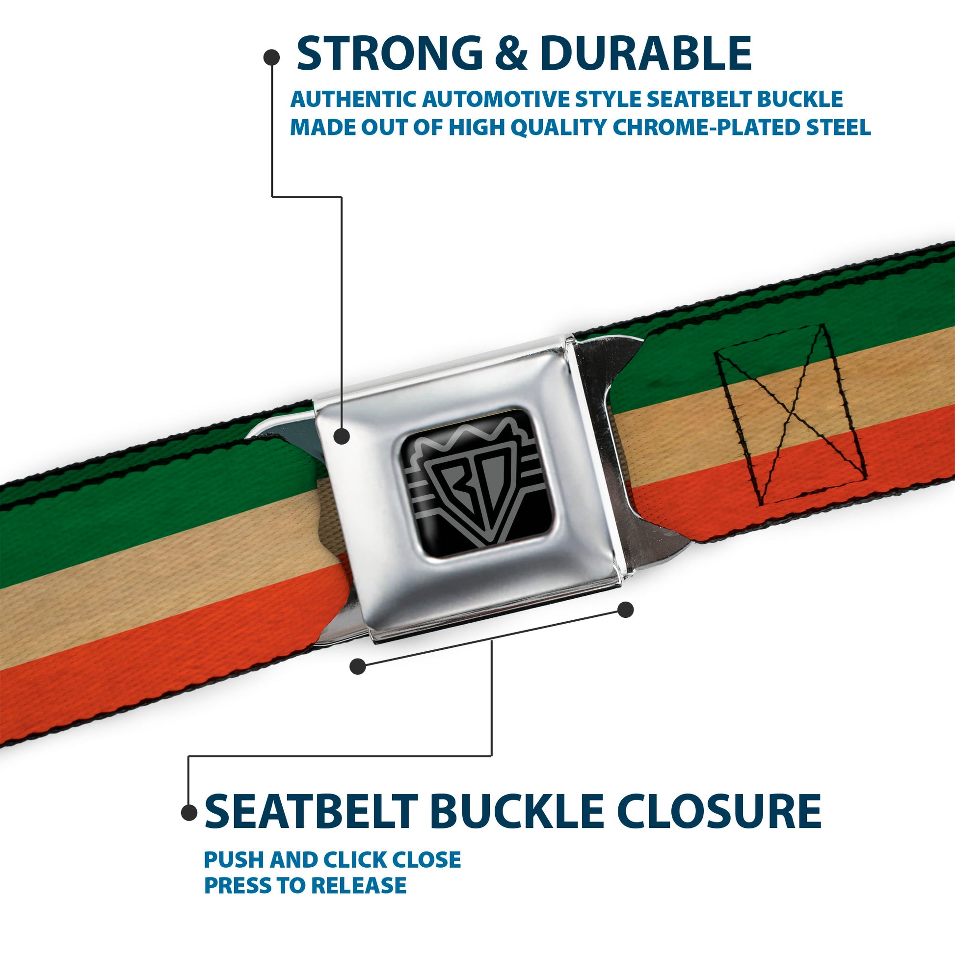 BD Wings Logo CLOSE-UP Full Color Black Silver Seatbelt Belt - Ireland Flag Stripes Distressed Webbing Seatbelt Belts Buckle-Down