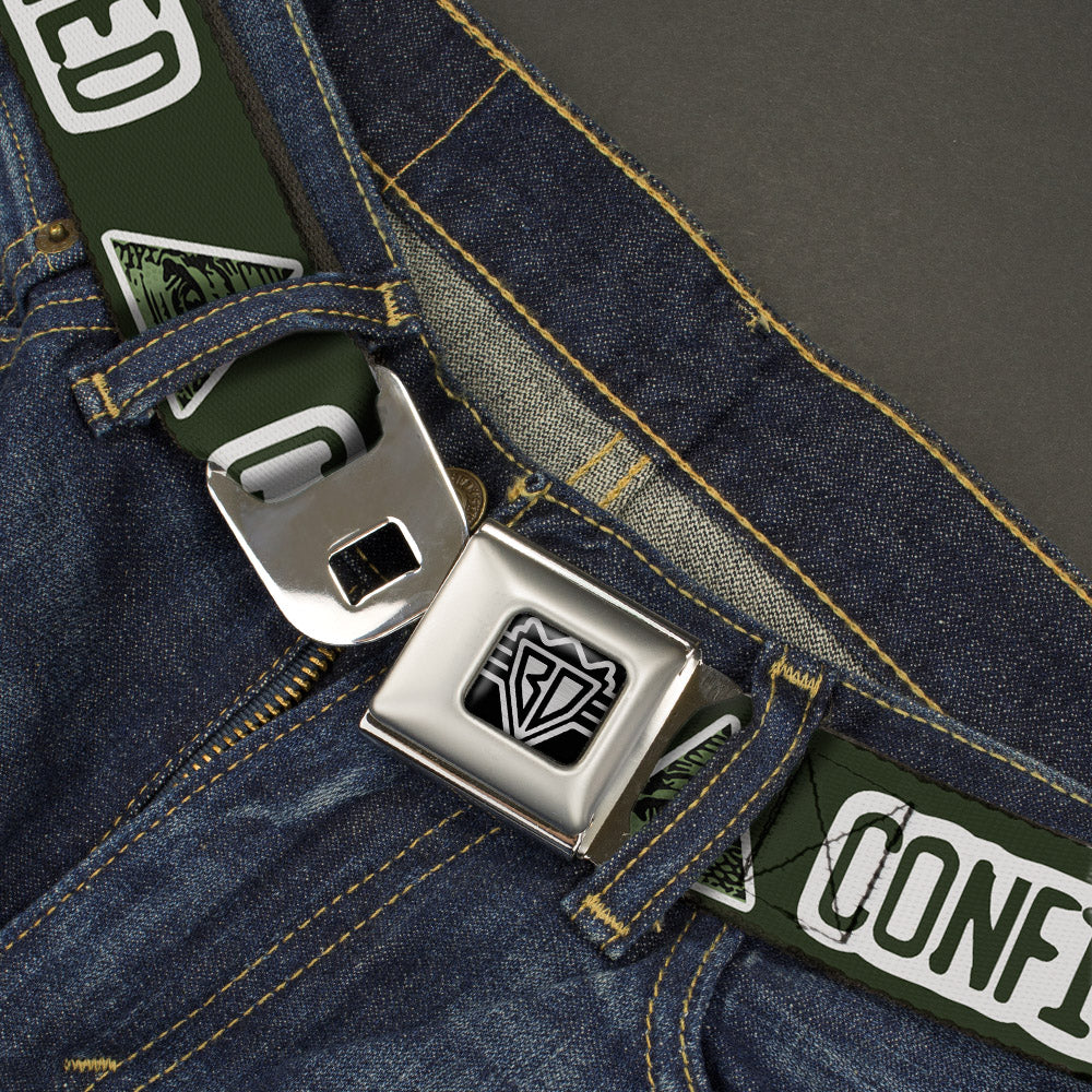 BD Wings Logo CLOSE-UP Full Color Black Silver Seatbelt Belt - Illuminati CONFIRMED Greens/White Webbing Seatbelt Belts Buckle-Down