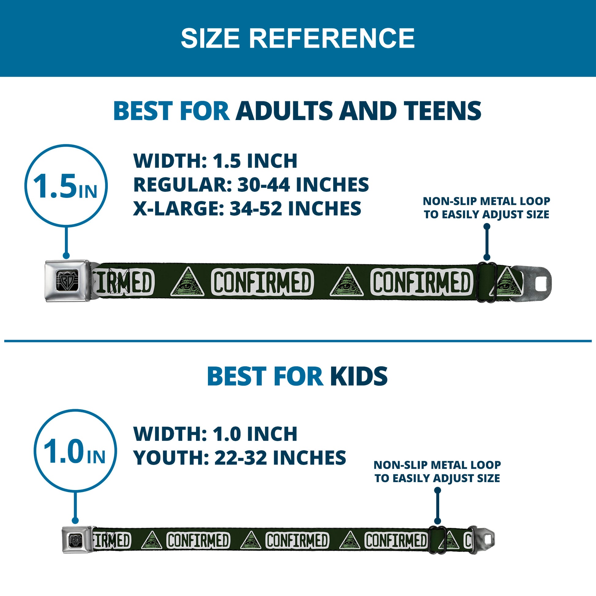 BD Wings Logo CLOSE-UP Full Color Black Silver Seatbelt Belt - Illuminati CONFIRMED Greens/White Webbing Seatbelt Belts Buckle-Down