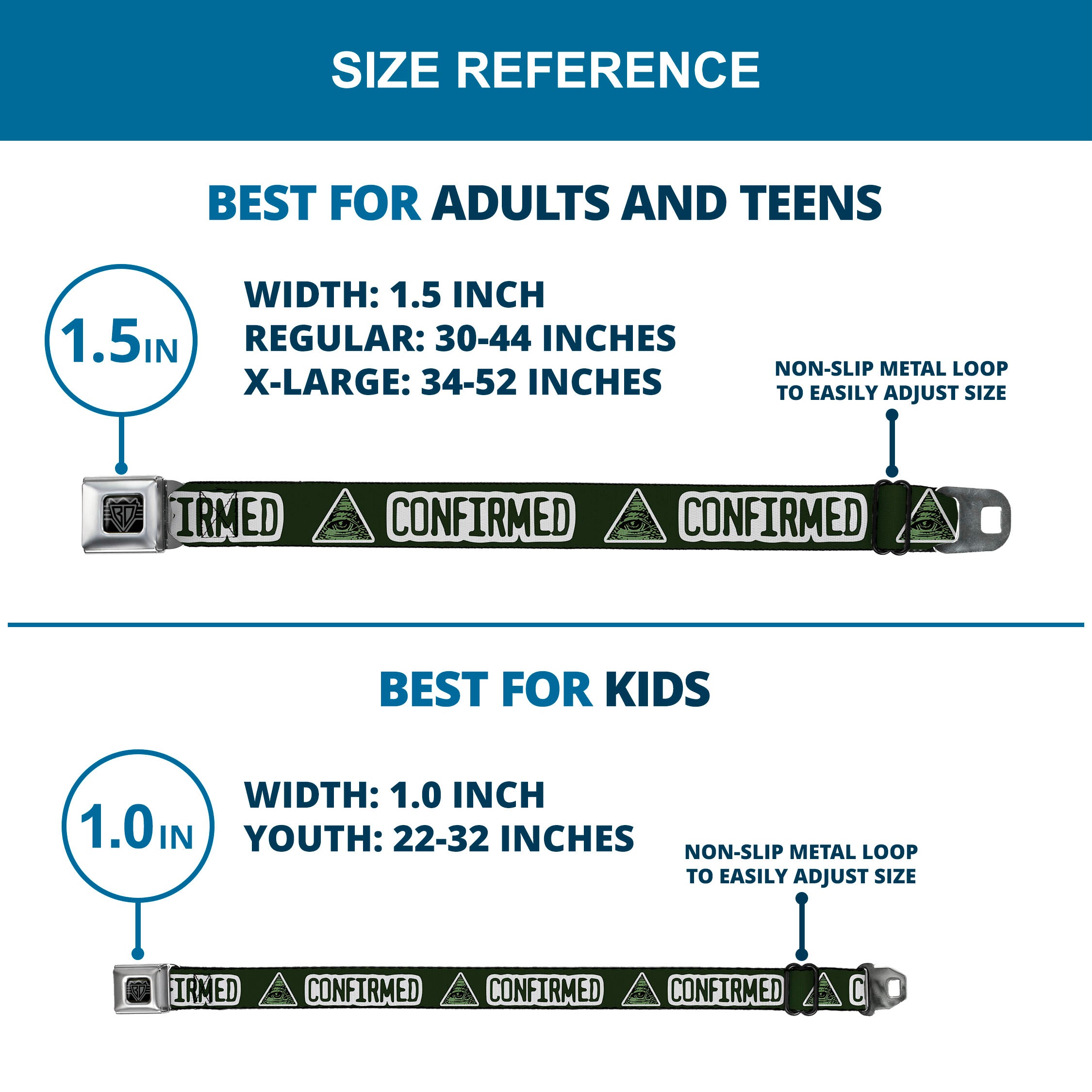 BD Wings Logo CLOSE-UP Full Color Black Silver Seatbelt Belt - Illuminati CONFIRMED Greens/White Webbing Seatbelt Belts Buckle-Down