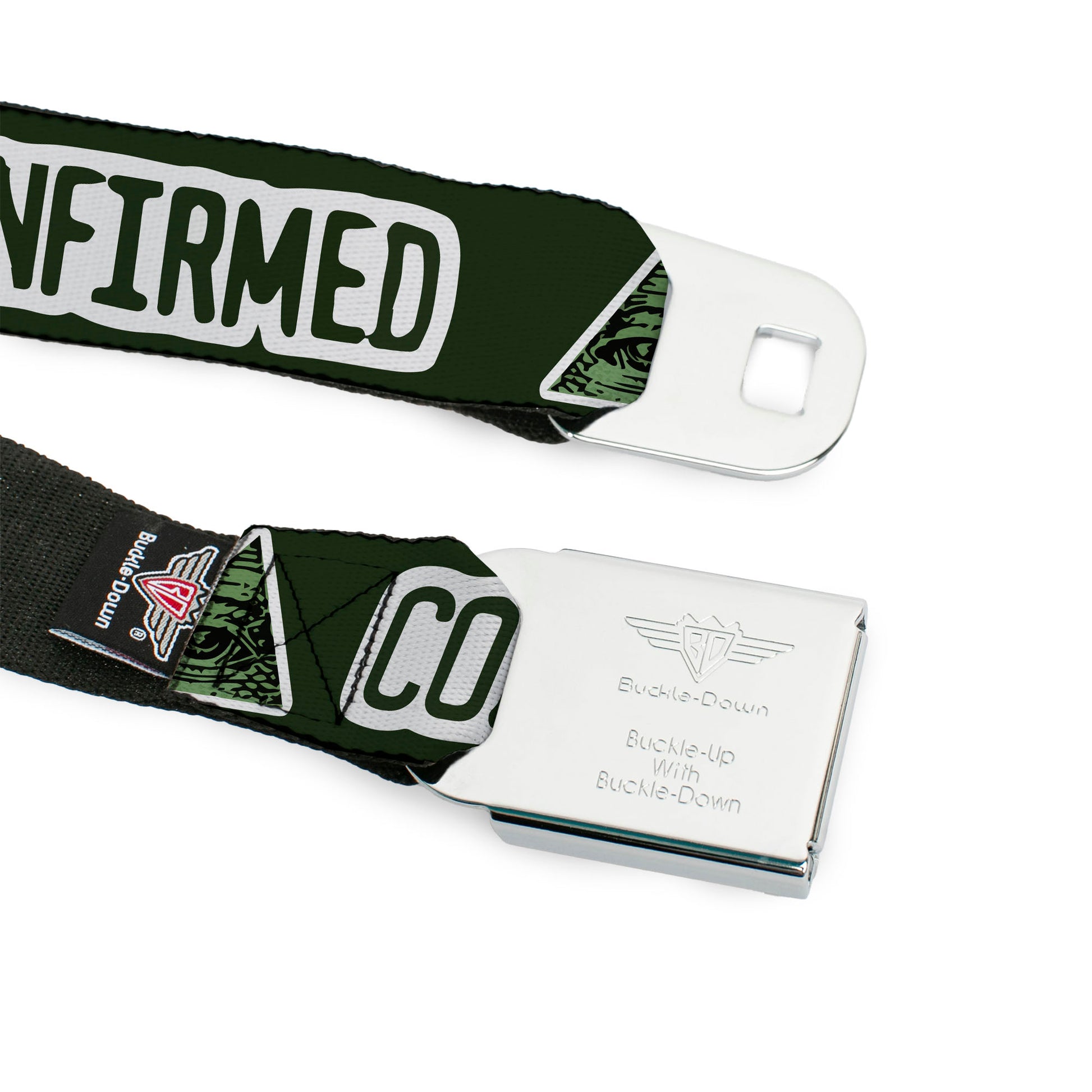BD Wings Logo CLOSE-UP Full Color Black Silver Seatbelt Belt - Illuminati CONFIRMED Greens/White Webbing Seatbelt Belts Buckle-Down