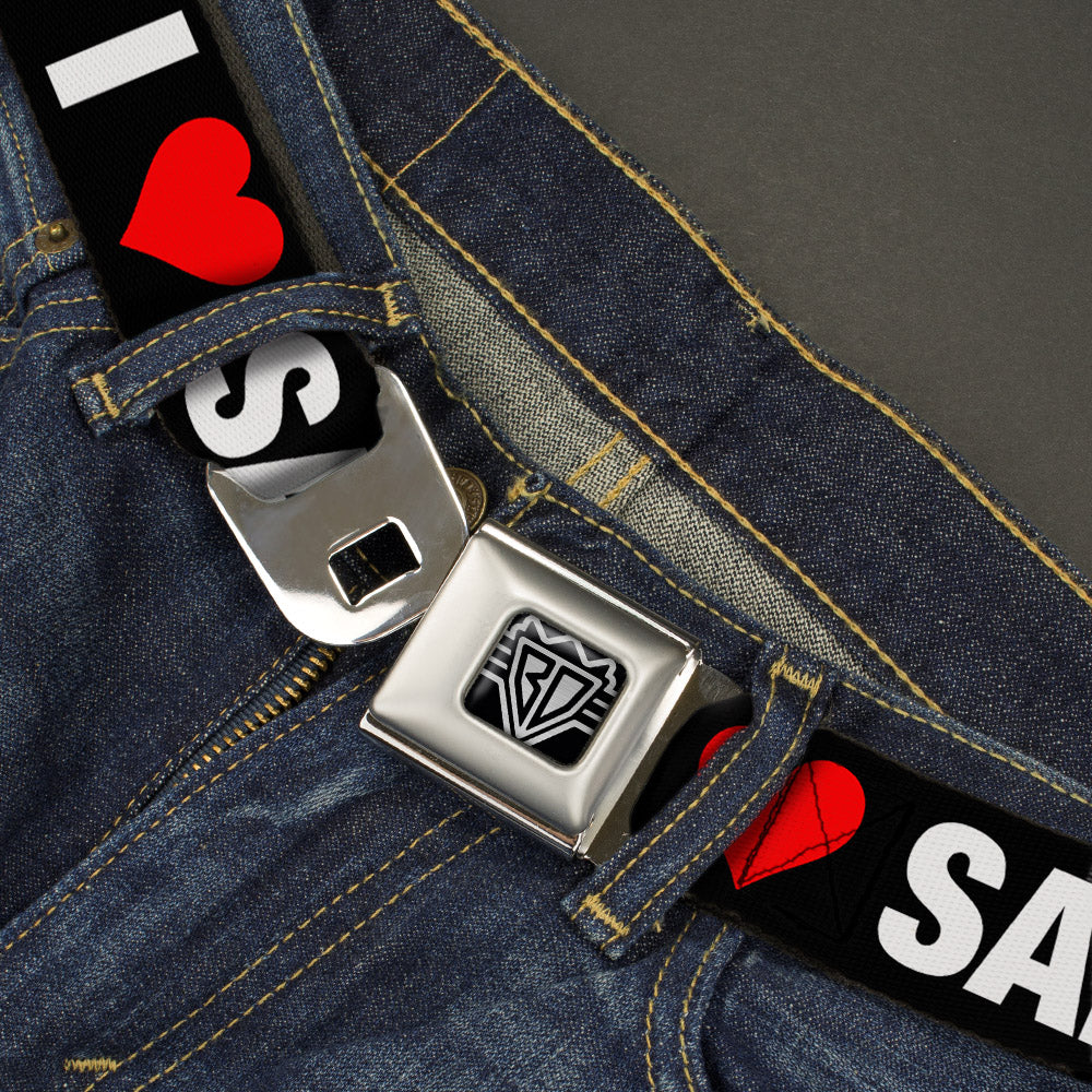 BD Wings Logo CLOSE-UP Full Color Black Silver Seatbelt Belt - I "HEART" SAN FRANCISCO Black/White/Red Webbing Seatbelt Belts Buckle-Down