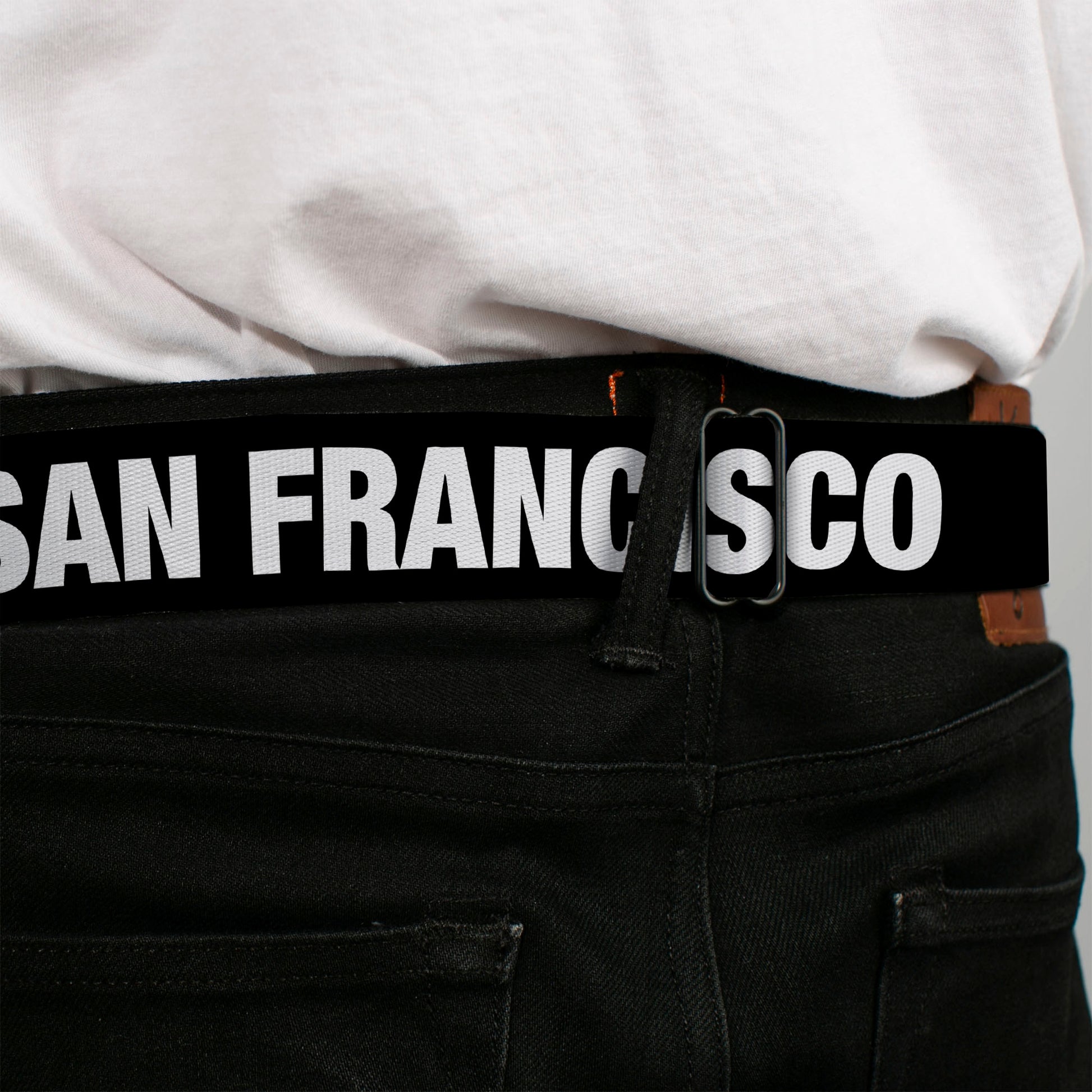 BD Wings Logo CLOSE-UP Full Color Black Silver Seatbelt Belt - I "HEART" SAN FRANCISCO Black/White/Red Webbing Seatbelt Belts Buckle-Down