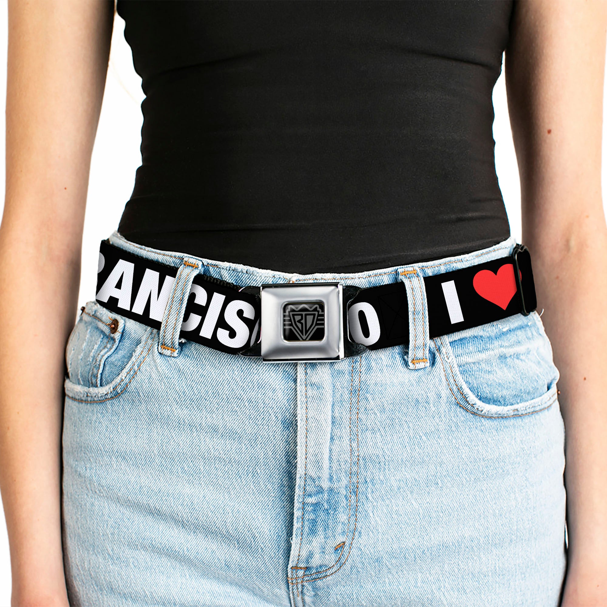 BD Wings Logo CLOSE-UP Full Color Black Silver Seatbelt Belt - I "HEART" SAN FRANCISCO Black/White/Red Webbing Seatbelt Belts Buckle-Down