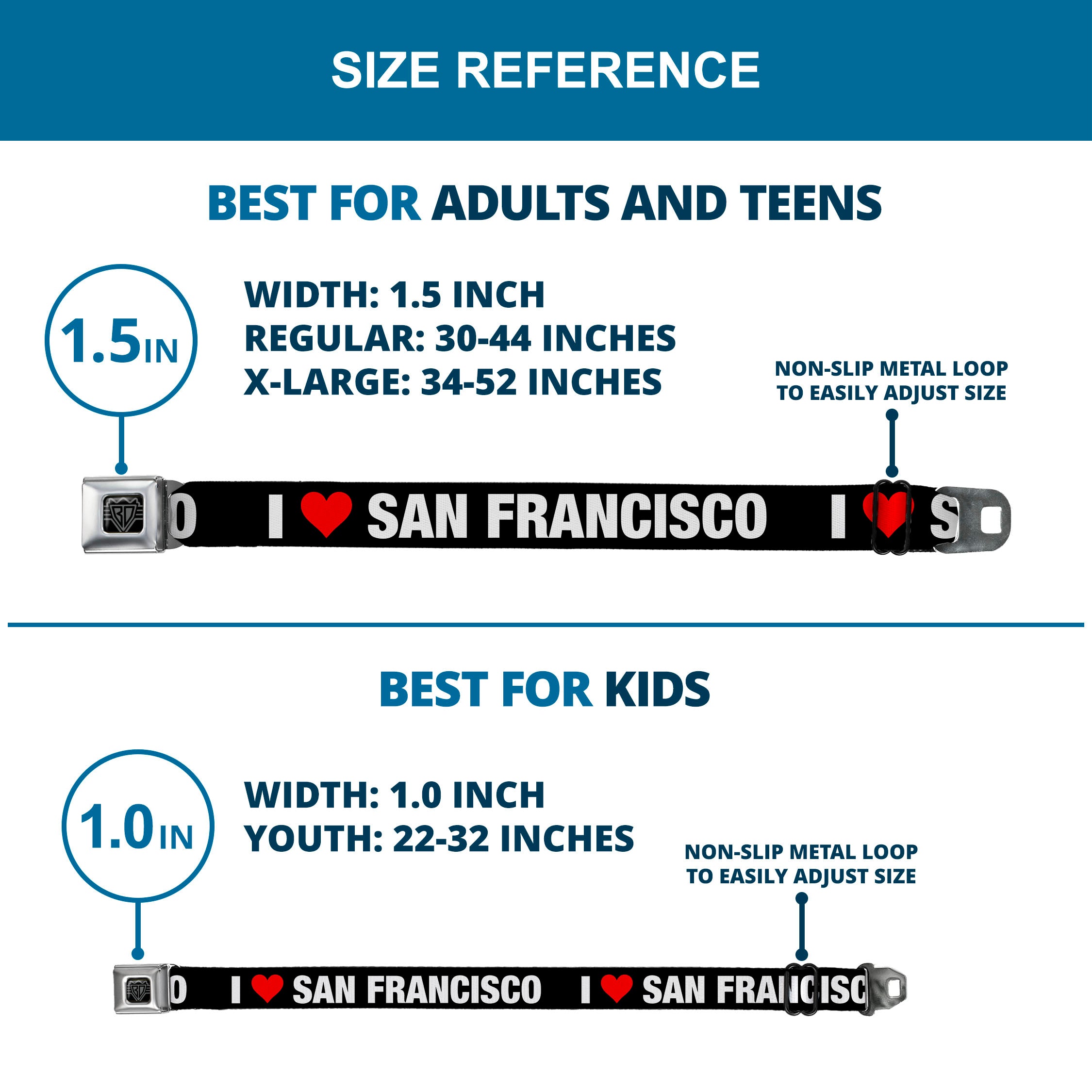 BD Wings Logo CLOSE-UP Full Color Black Silver Seatbelt Belt - I "HEART" SAN FRANCISCO Black/White/Red Webbing Seatbelt Belts Buckle-Down