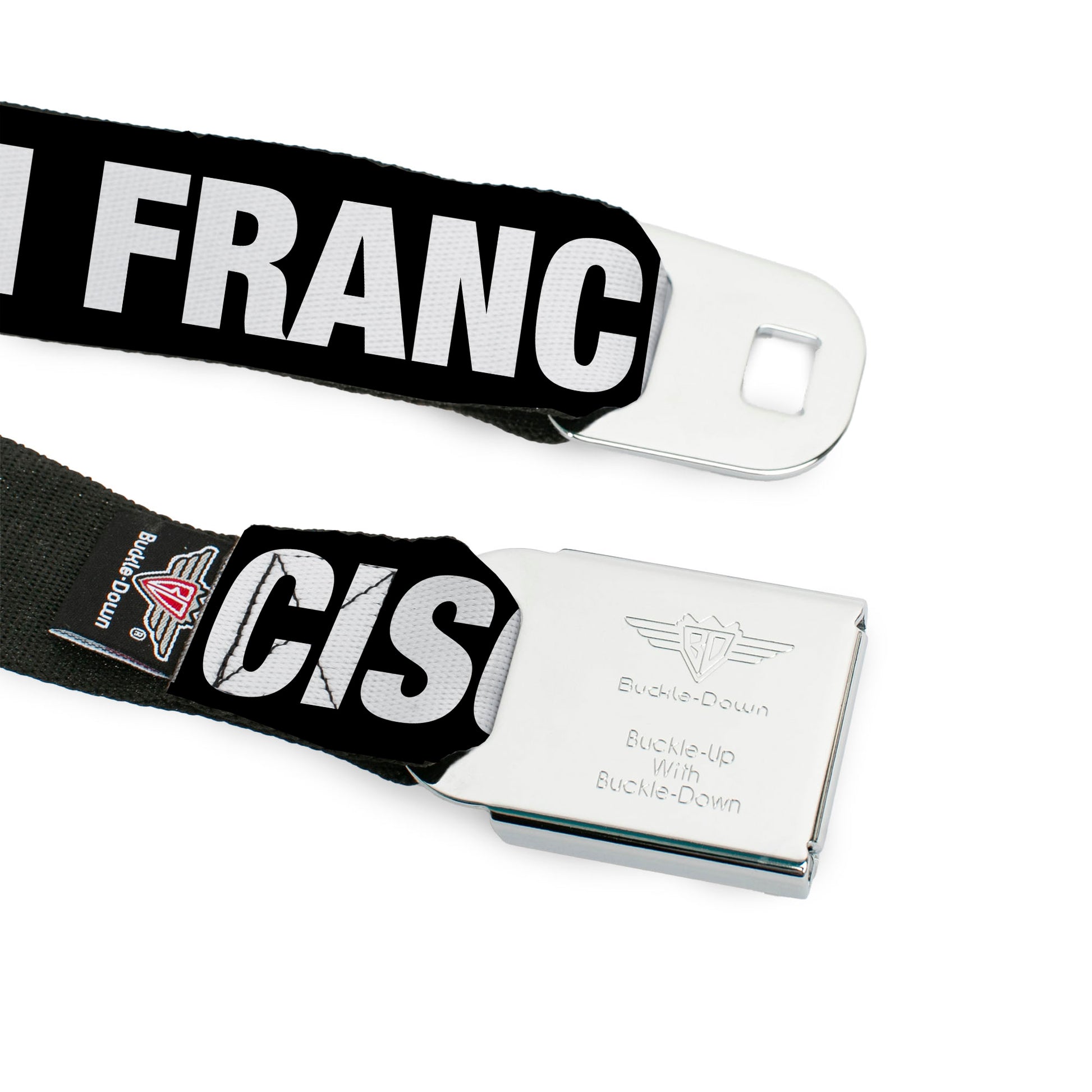 BD Wings Logo CLOSE-UP Full Color Black Silver Seatbelt Belt - I "HEART" SAN FRANCISCO Black/White/Red Webbing Seatbelt Belts Buckle-Down