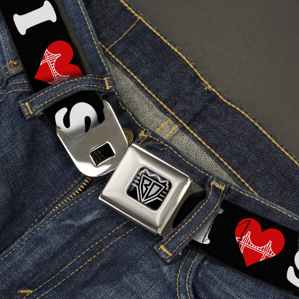 BD Wings Logo CLOSE-UP Full Color Black Silver Seatbelt Belt - I "HEART BRIDGE" SF Black/White/Red Webbing Seatbelt Belts Buckle-Down