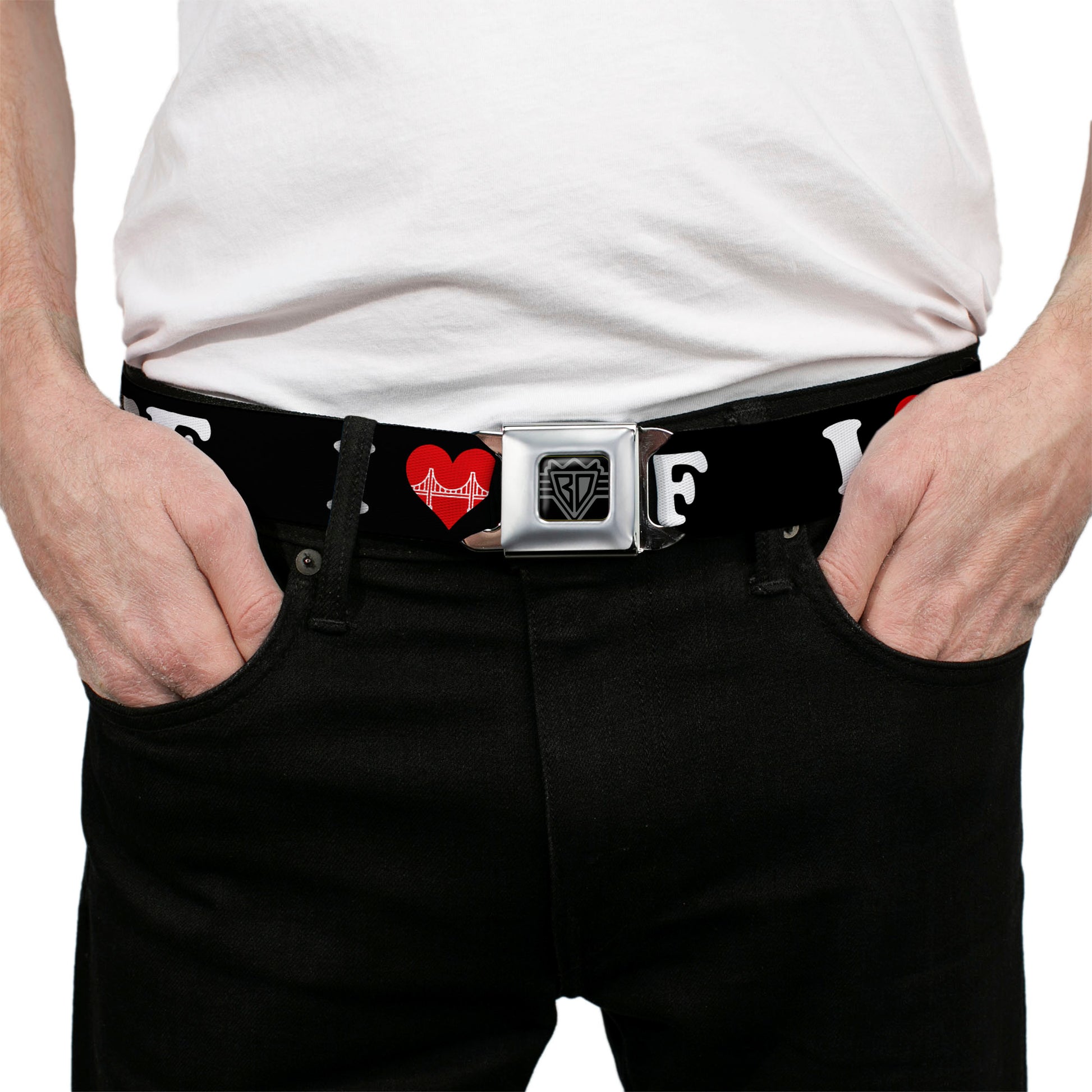 BD Wings Logo CLOSE-UP Full Color Black Silver Seatbelt Belt - I "HEART BRIDGE" SF Black/White/Red Webbing Seatbelt Belts Buckle-Down