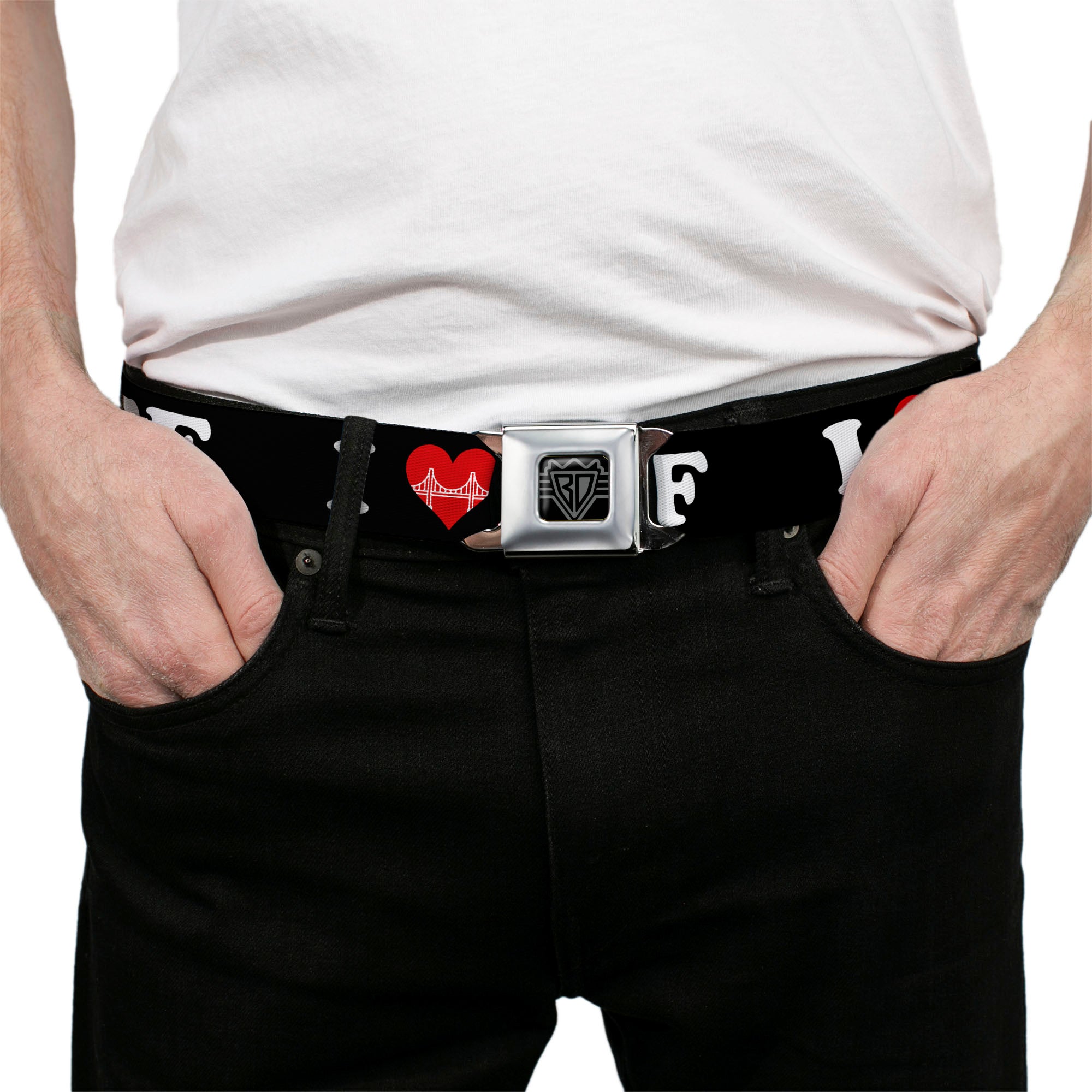 BD Wings Logo CLOSE-UP Full Color Black Silver Seatbelt Belt - I "HEART BRIDGE" SF Black/White/Red Webbing Seatbelt Belts Buckle-Down