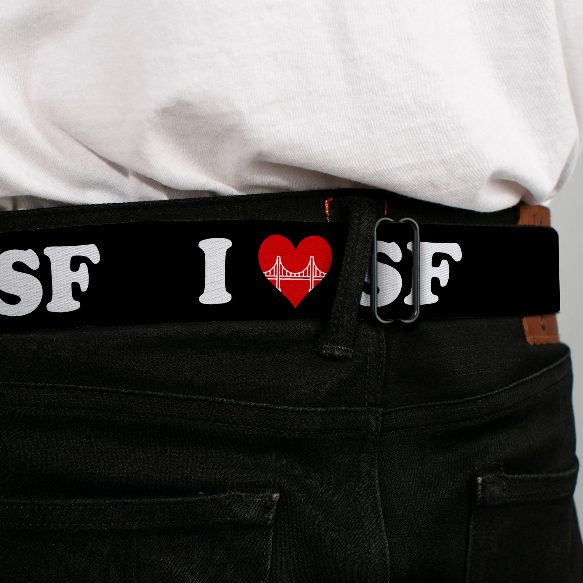 BD Wings Logo CLOSE-UP Full Color Black Silver Seatbelt Belt - I "HEART BRIDGE" SF Black/White/Red Webbing Seatbelt Belts Buckle-Down