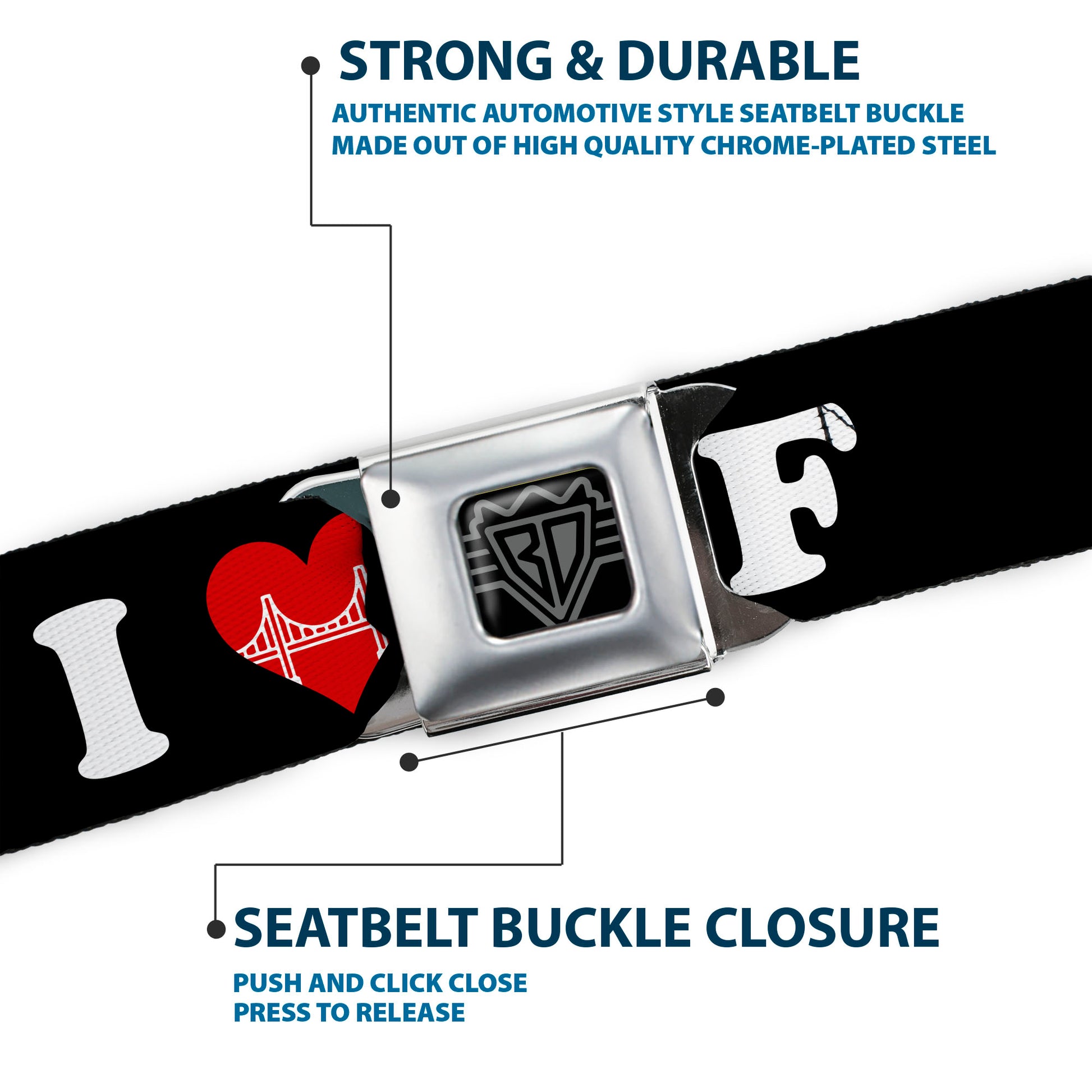 BD Wings Logo CLOSE-UP Full Color Black Silver Seatbelt Belt - I "HEART BRIDGE" SF Black/White/Red Webbing Seatbelt Belts Buckle-Down