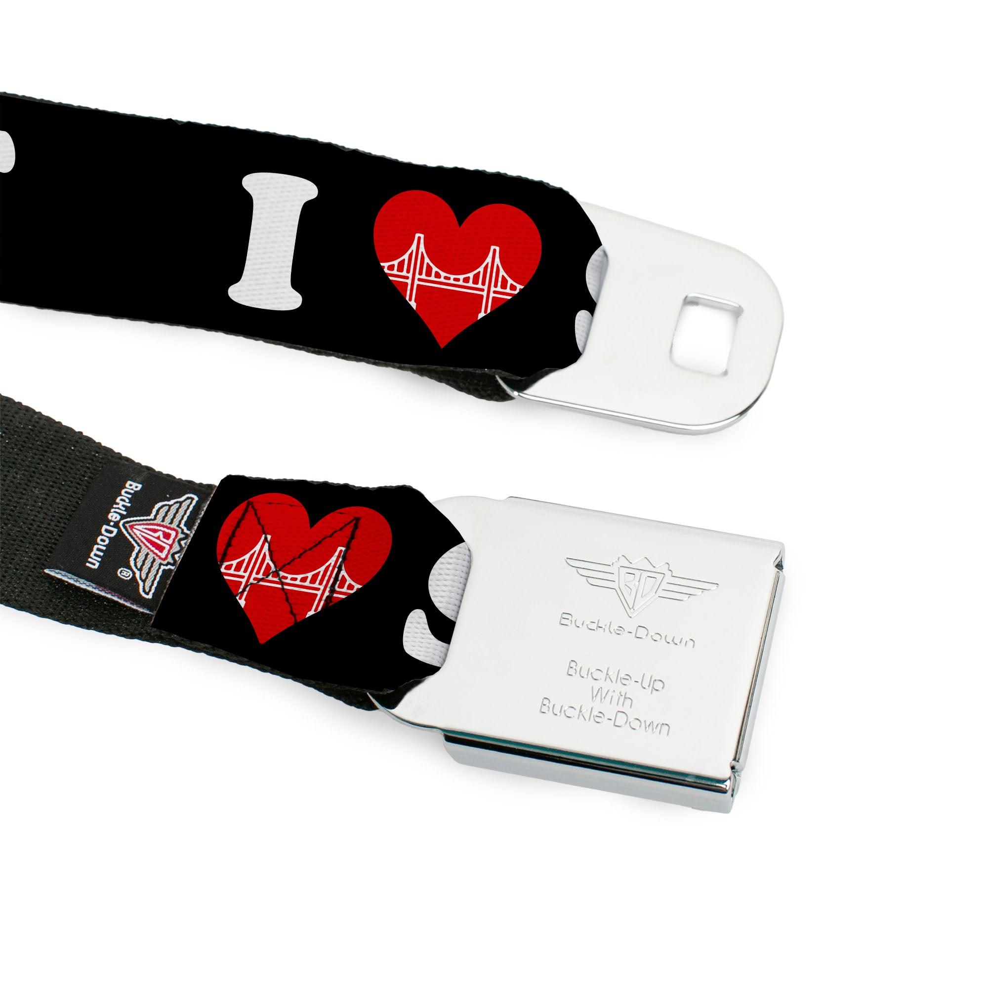 BD Wings Logo CLOSE-UP Full Color Black Silver Seatbelt Belt - I "HEART BRIDGE" SF Black/White/Red Webbing Seatbelt Belts Buckle-Down