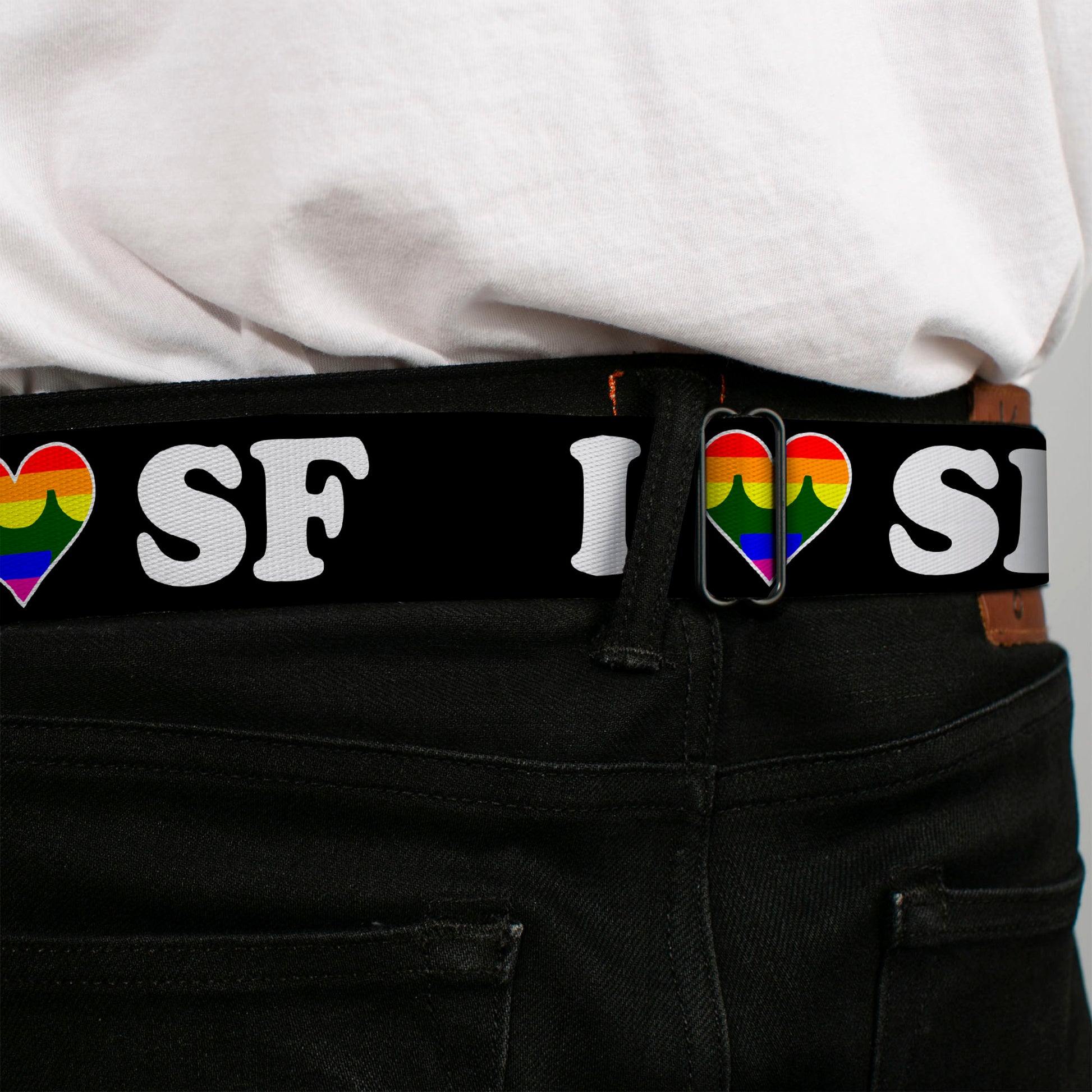 BD Wings Logo CLOSE-UP Full Color Black Silver Seatbelt Belt - I "HEART BRIDGE" SF Black/White/Rainbow Webbing Seatbelt Belts Buckle-Down