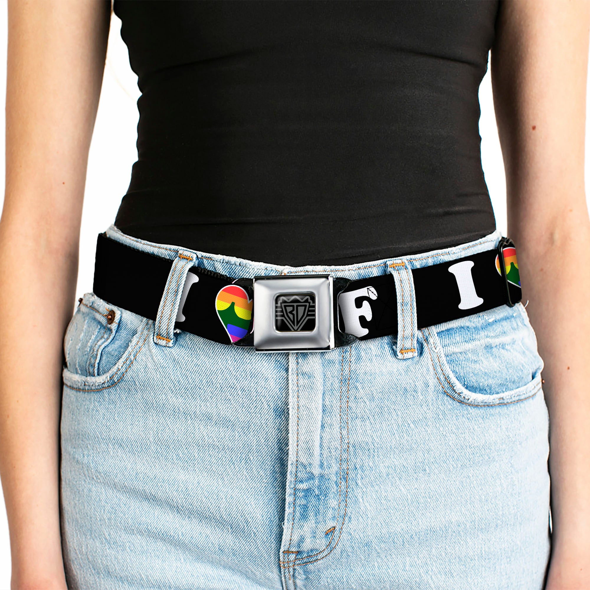 BD Wings Logo CLOSE-UP Full Color Black Silver Seatbelt Belt - I "HEART BRIDGE" SF Black/White/Rainbow Webbing Seatbelt Belts Buckle-Down
