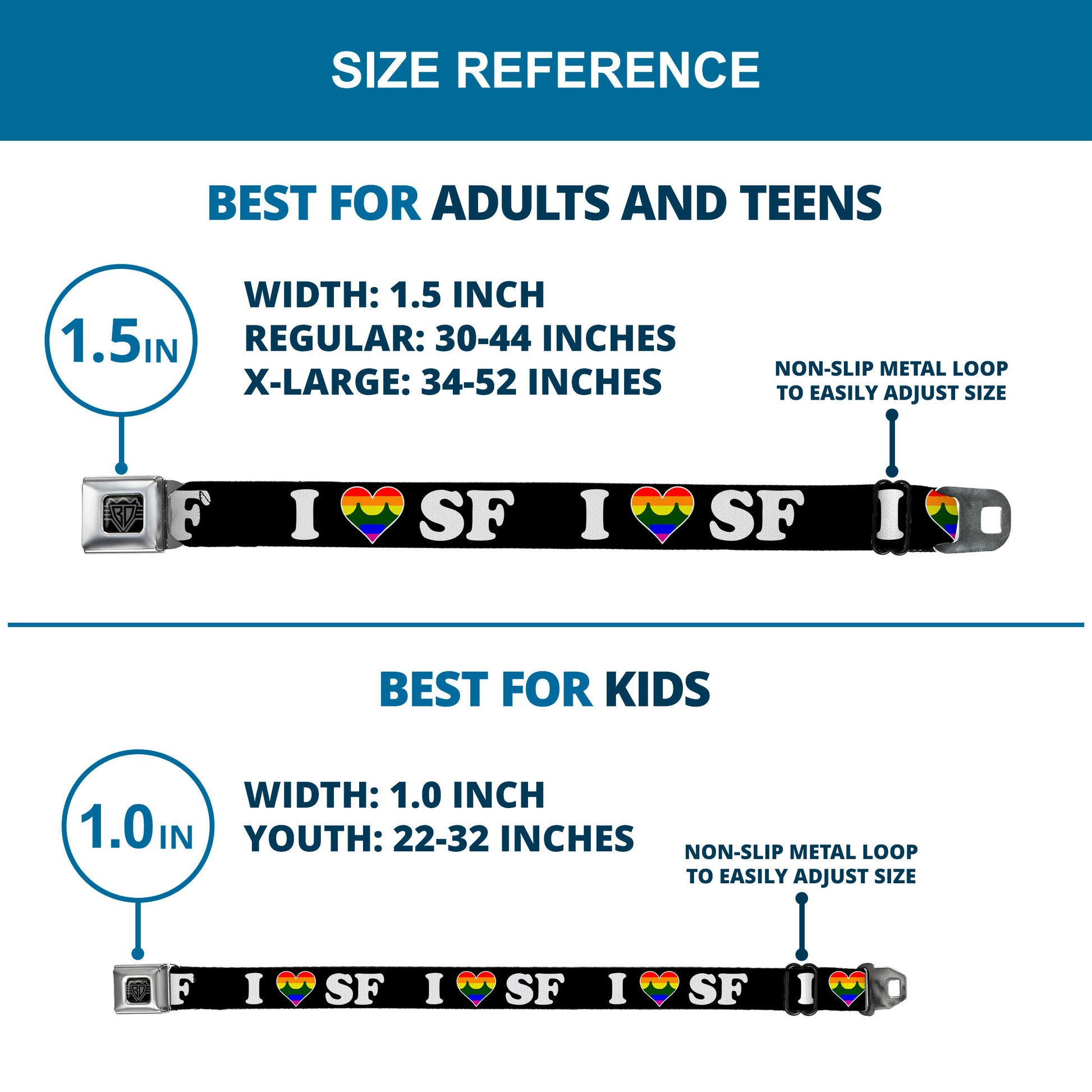 BD Wings Logo CLOSE-UP Full Color Black Silver Seatbelt Belt - I "HEART BRIDGE" SF Black/White/Rainbow Webbing Seatbelt Belts Buckle-Down