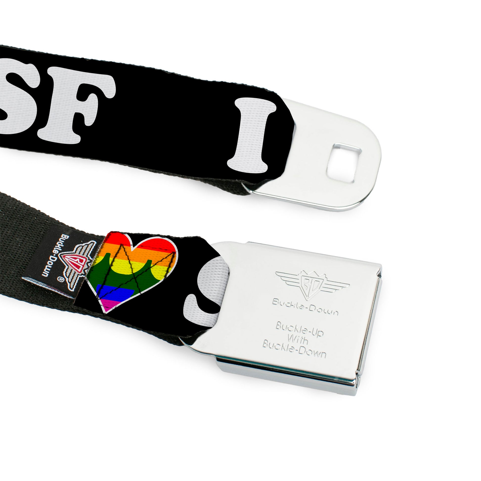 BD Wings Logo CLOSE-UP Full Color Black Silver Seatbelt Belt - I "HEART BRIDGE" SF Black/White/Rainbow Webbing Seatbelt Belts Buckle-Down