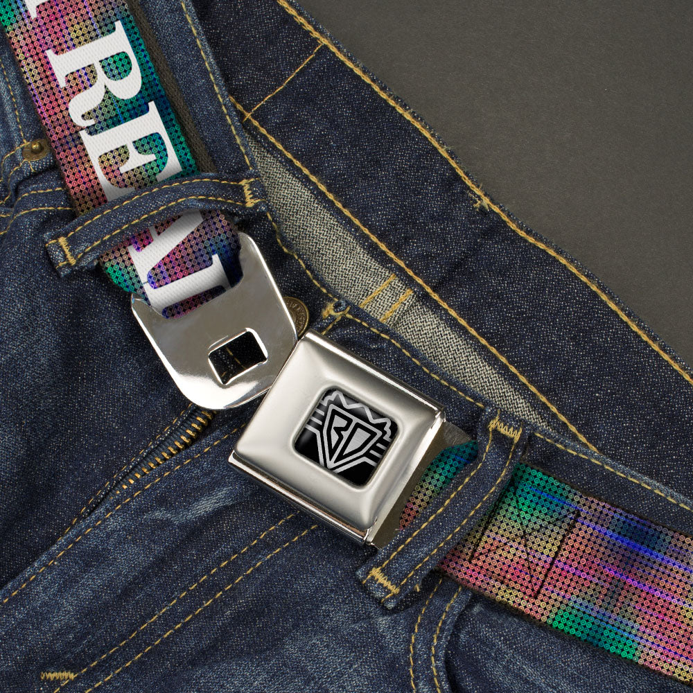 BD Wings Logo CLOSE-UP Full Color Black Silver Seatbelt Belt - I'M REALLY A MERMAID Multi Color Iridescence/White Webbing Seatbelt Belts Buckle-Down