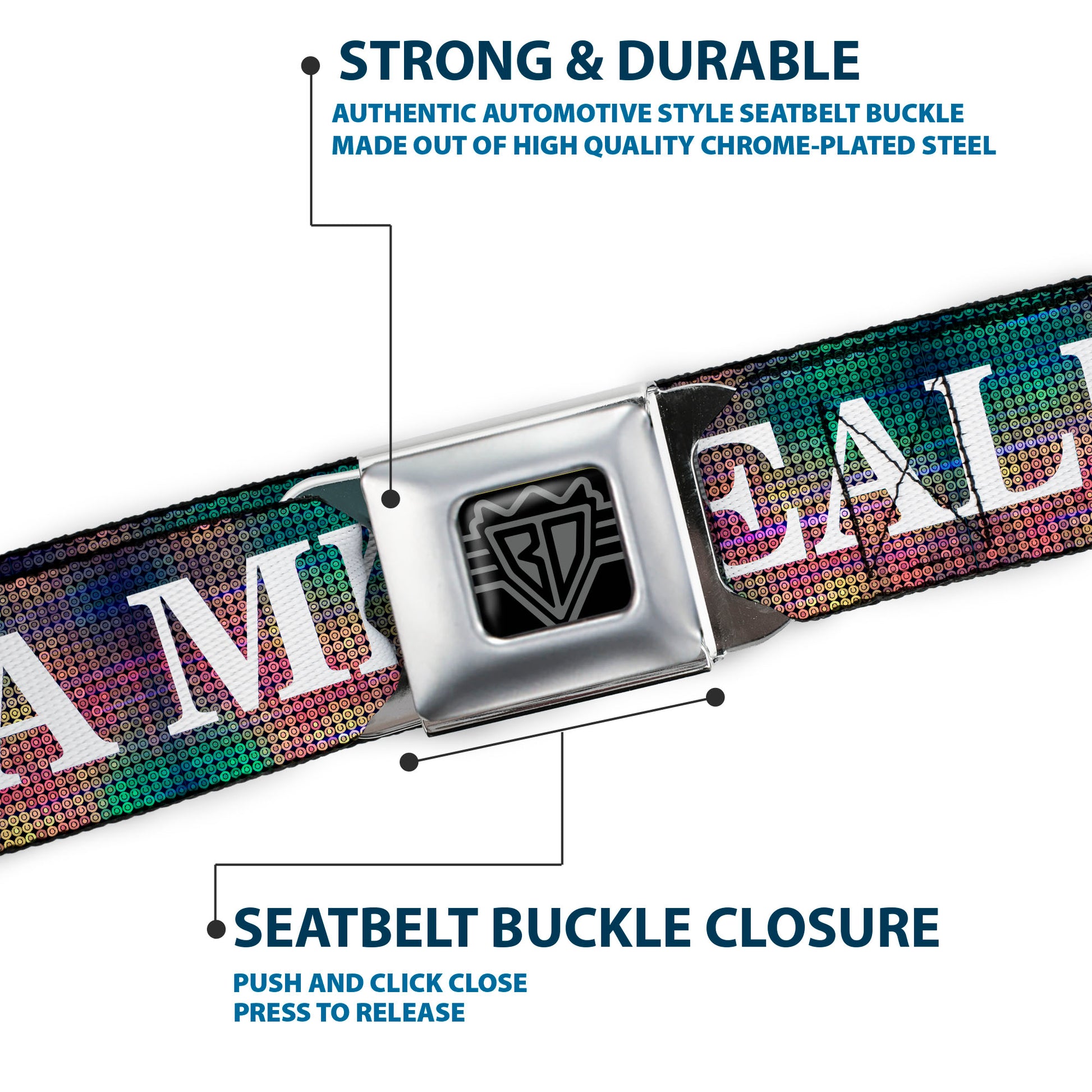 BD Wings Logo CLOSE-UP Full Color Black Silver Seatbelt Belt - I'M REALLY A MERMAID Multi Color Iridescence/White Webbing Seatbelt Belts Buckle-Down