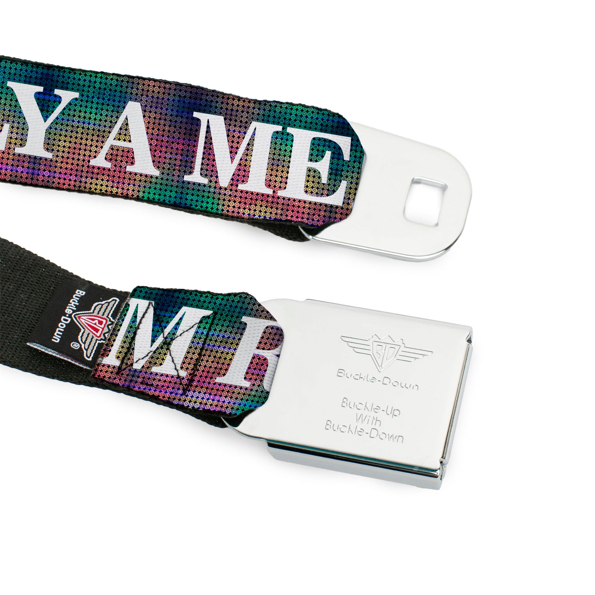 BD Wings Logo CLOSE-UP Full Color Black Silver Seatbelt Belt - I'M REALLY A MERMAID Multi Color Iridescence/White Webbing Seatbelt Belts Buckle-Down