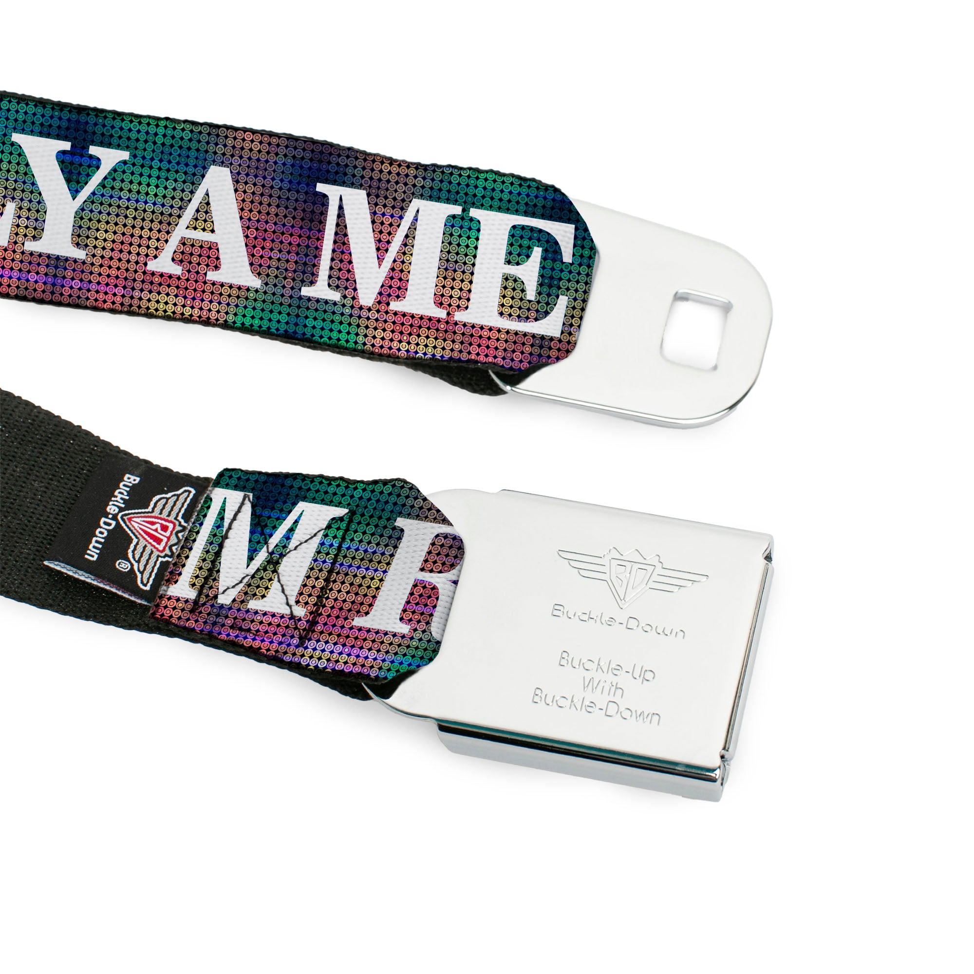 BD Wings Logo CLOSE-UP Full Color Black Silver Seatbelt Belt - I'M REALLY A MERMAID Multi Color Iridescence/White Webbing Seatbelt Belts Buckle-Down