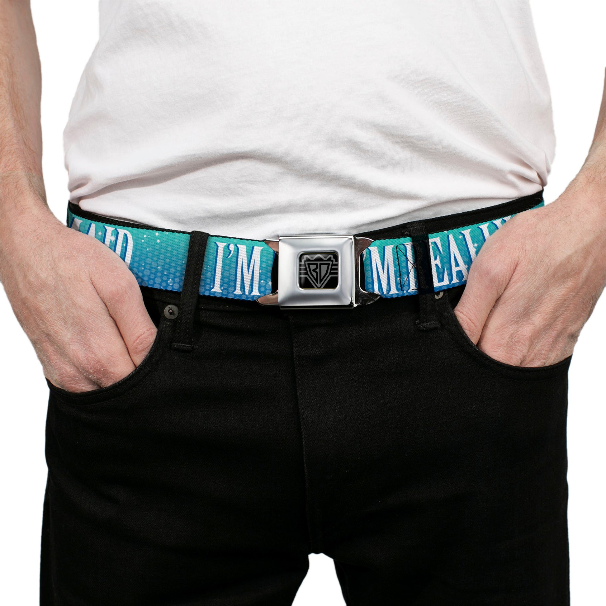 BD Wings Logo CLOSE-UP Full Color Black Silver Seatbelt Belt - I'M REALLY A MERMAID Sparkle Turquoise Blues/White Webbing Seatbelt Belts Buckle-Down
