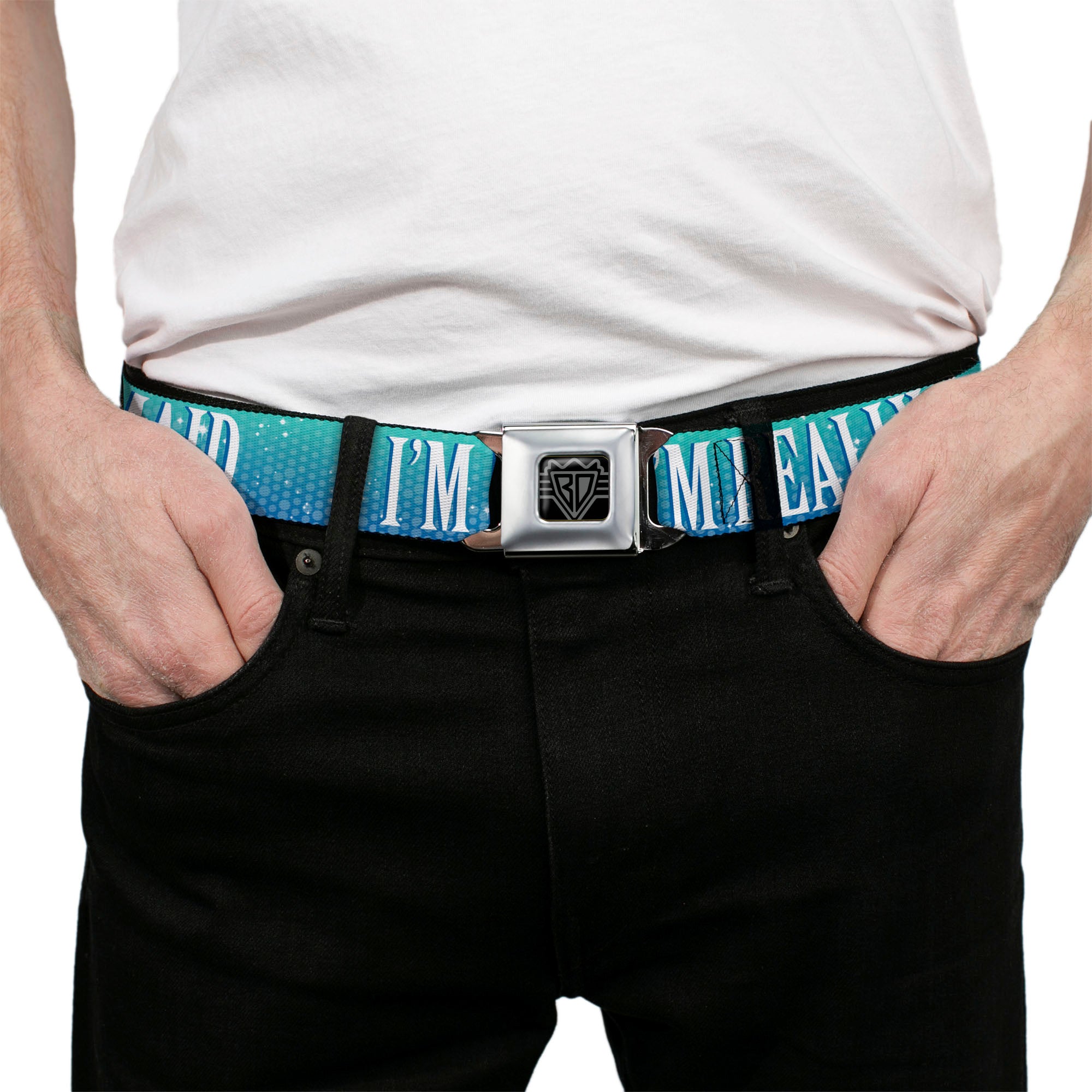 BD Wings Logo CLOSE-UP Full Color Black Silver Seatbelt Belt - I'M REALLY A MERMAID Sparkle Turquoise Blues/White Webbing Seatbelt Belts Buckle-Down