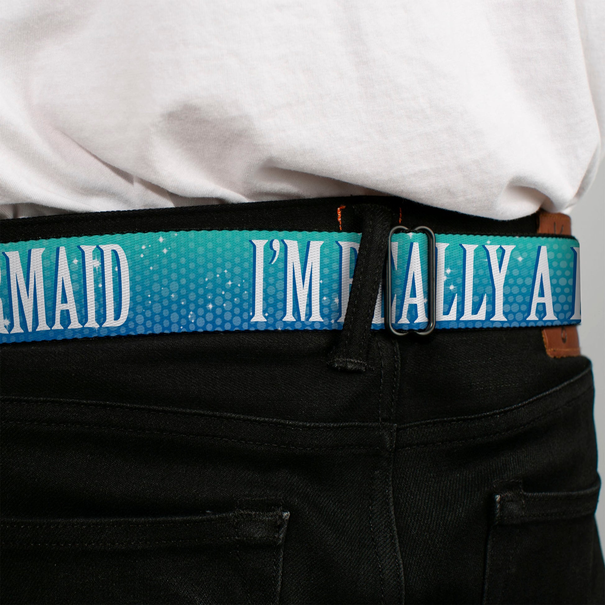 BD Wings Logo CLOSE-UP Full Color Black Silver Seatbelt Belt - I'M REALLY A MERMAID Sparkle Turquoise Blues/White Webbing Seatbelt Belts Buckle-Down