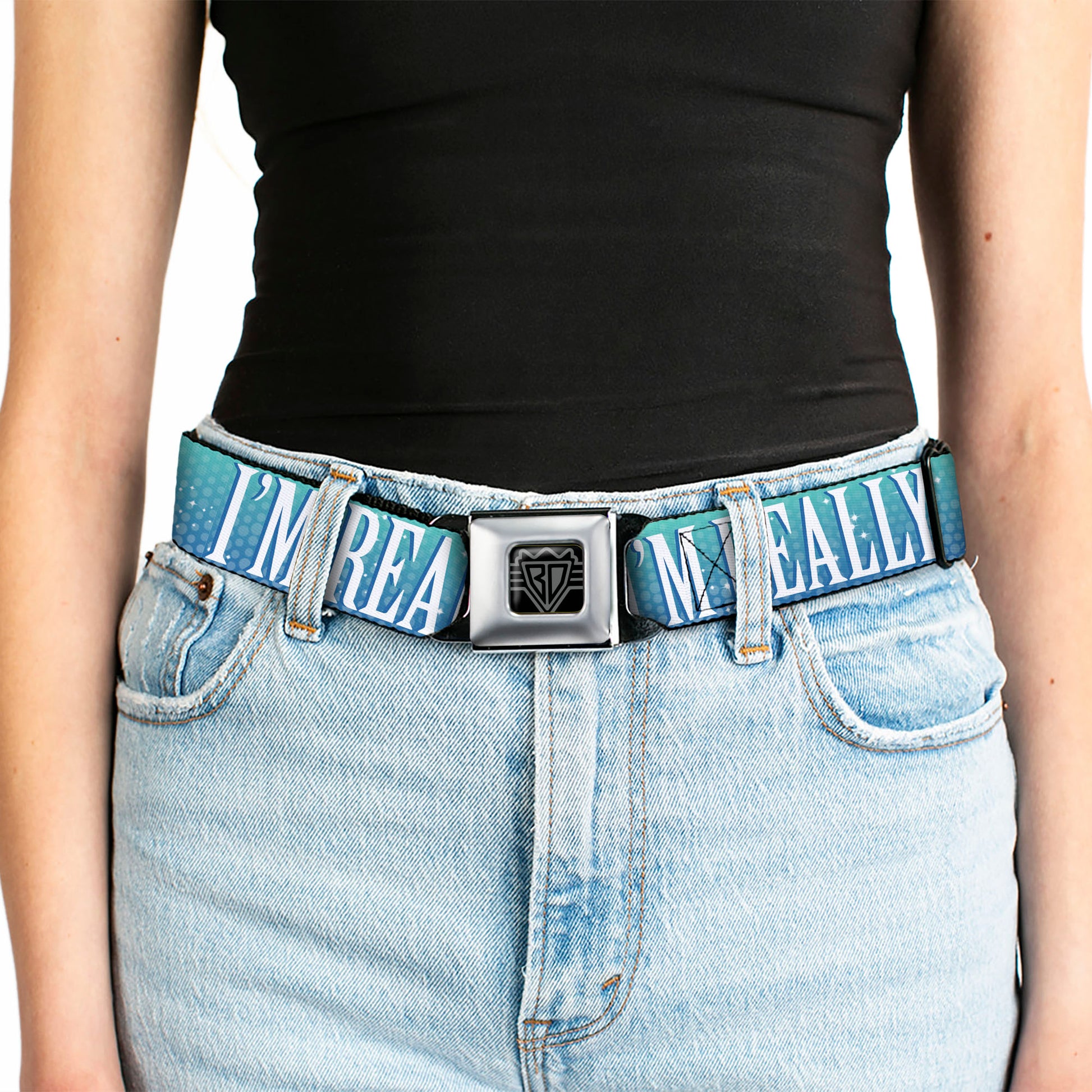 BD Wings Logo CLOSE-UP Full Color Black Silver Seatbelt Belt - I'M REALLY A MERMAID Sparkle Turquoise Blues/White Webbing Seatbelt Belts Buckle-Down