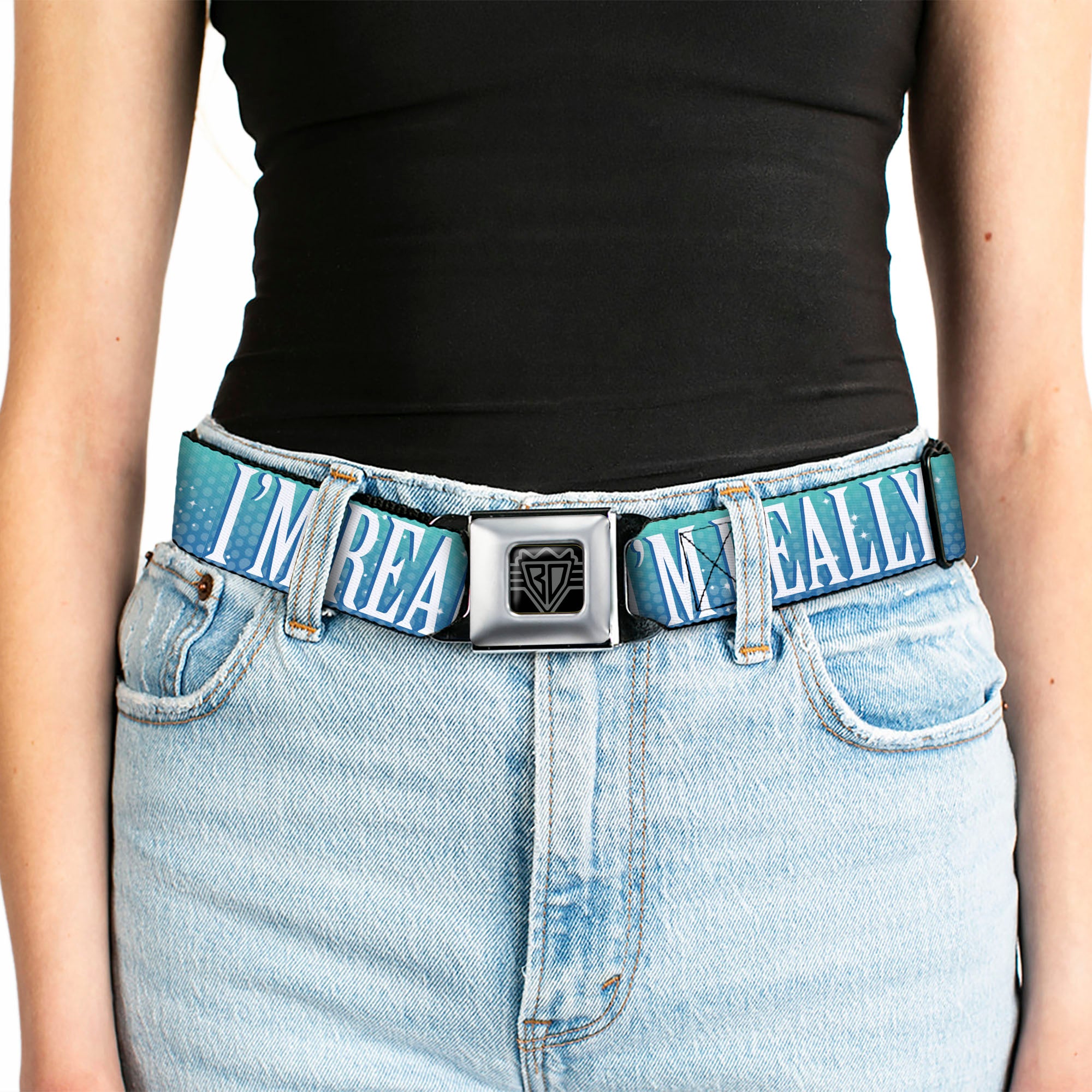 BD Wings Logo CLOSE-UP Full Color Black Silver Seatbelt Belt - I'M REALLY A MERMAID Sparkle Turquoise Blues/White Webbing Seatbelt Belts Buckle-Down