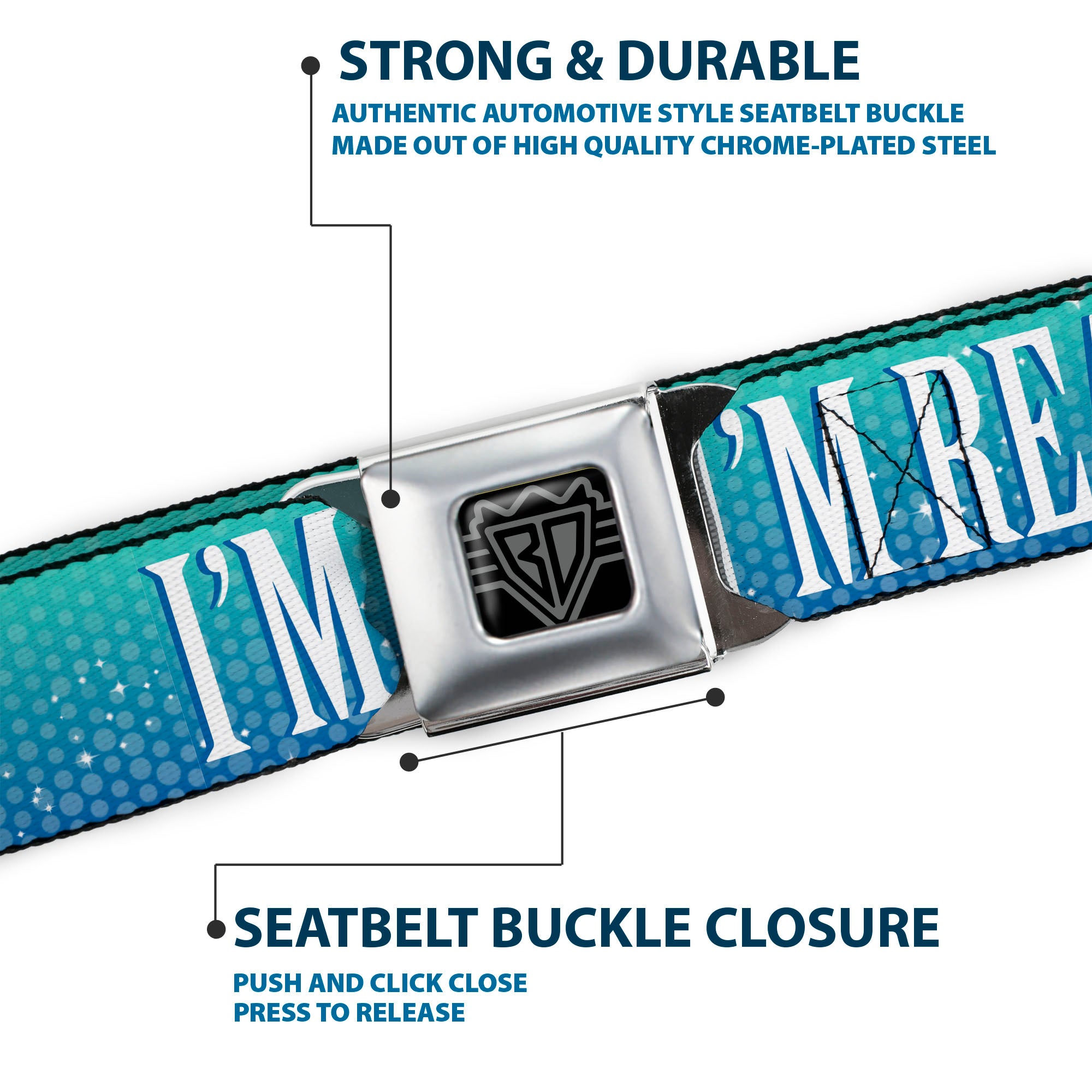 BD Wings Logo CLOSE-UP Full Color Black Silver Seatbelt Belt - I'M REALLY A MERMAID Sparkle Turquoise Blues/White Webbing Seatbelt Belts Buckle-Down