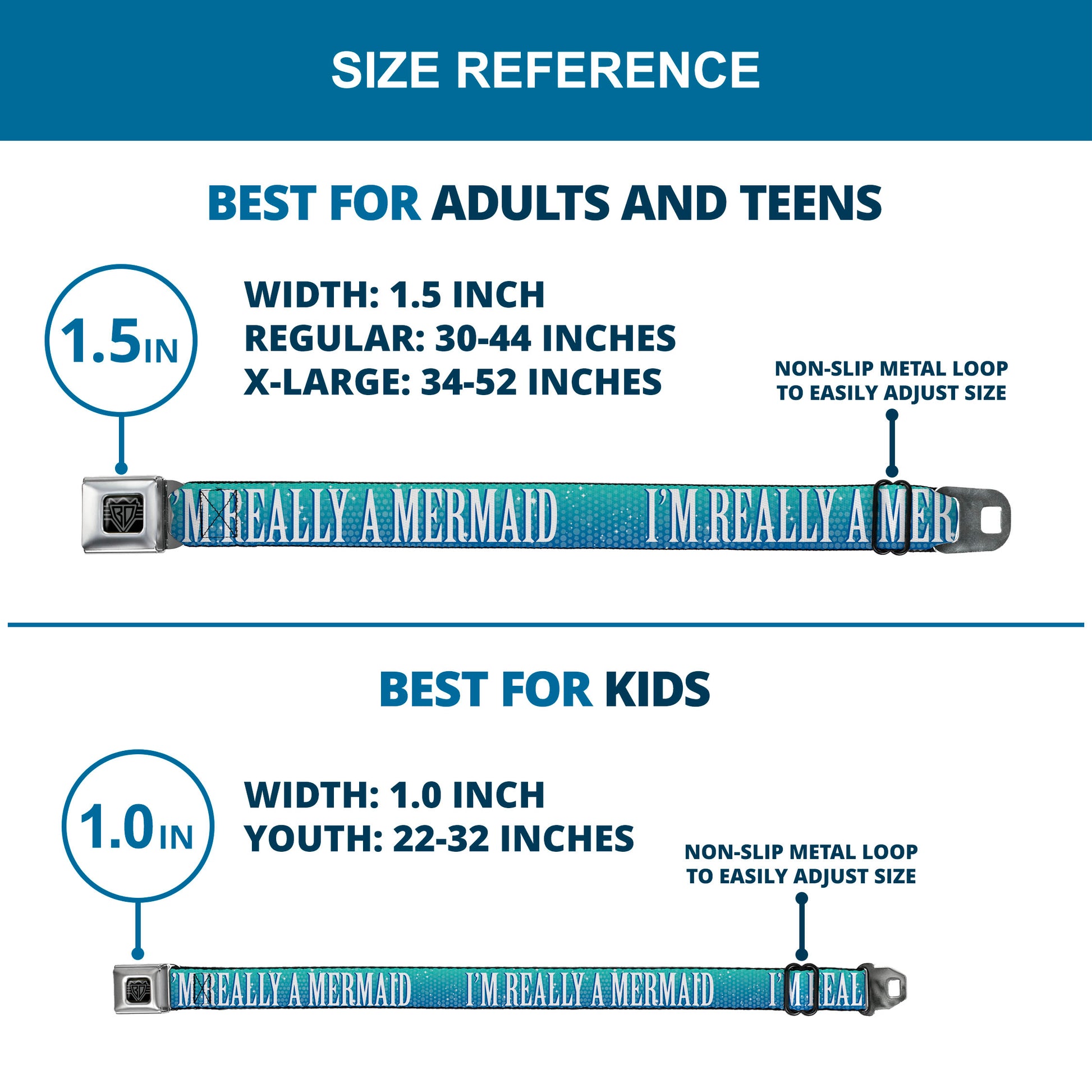 BD Wings Logo CLOSE-UP Full Color Black Silver Seatbelt Belt - I'M REALLY A MERMAID Sparkle Turquoise Blues/White Webbing Seatbelt Belts Buckle-Down