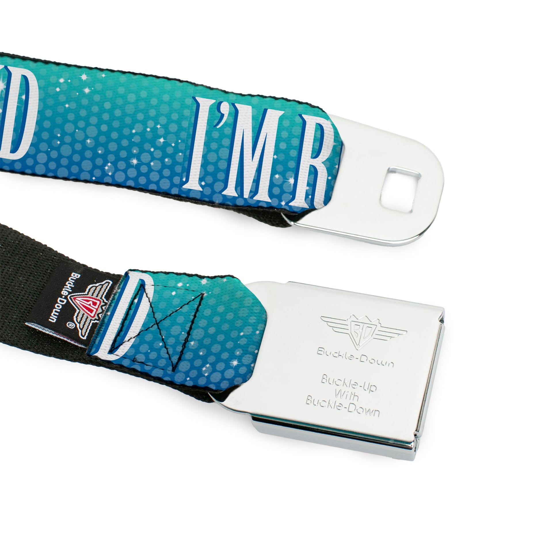 BD Wings Logo CLOSE-UP Full Color Black Silver Seatbelt Belt - I'M REALLY A MERMAID Sparkle Turquoise Blues/White Webbing Seatbelt Belts Buckle-Down